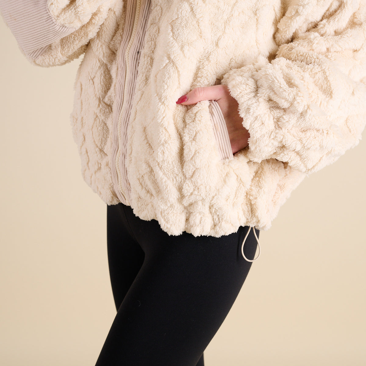 Woman wearing Very J Fuzzy Full Zip Pullover Jacket in Ecru