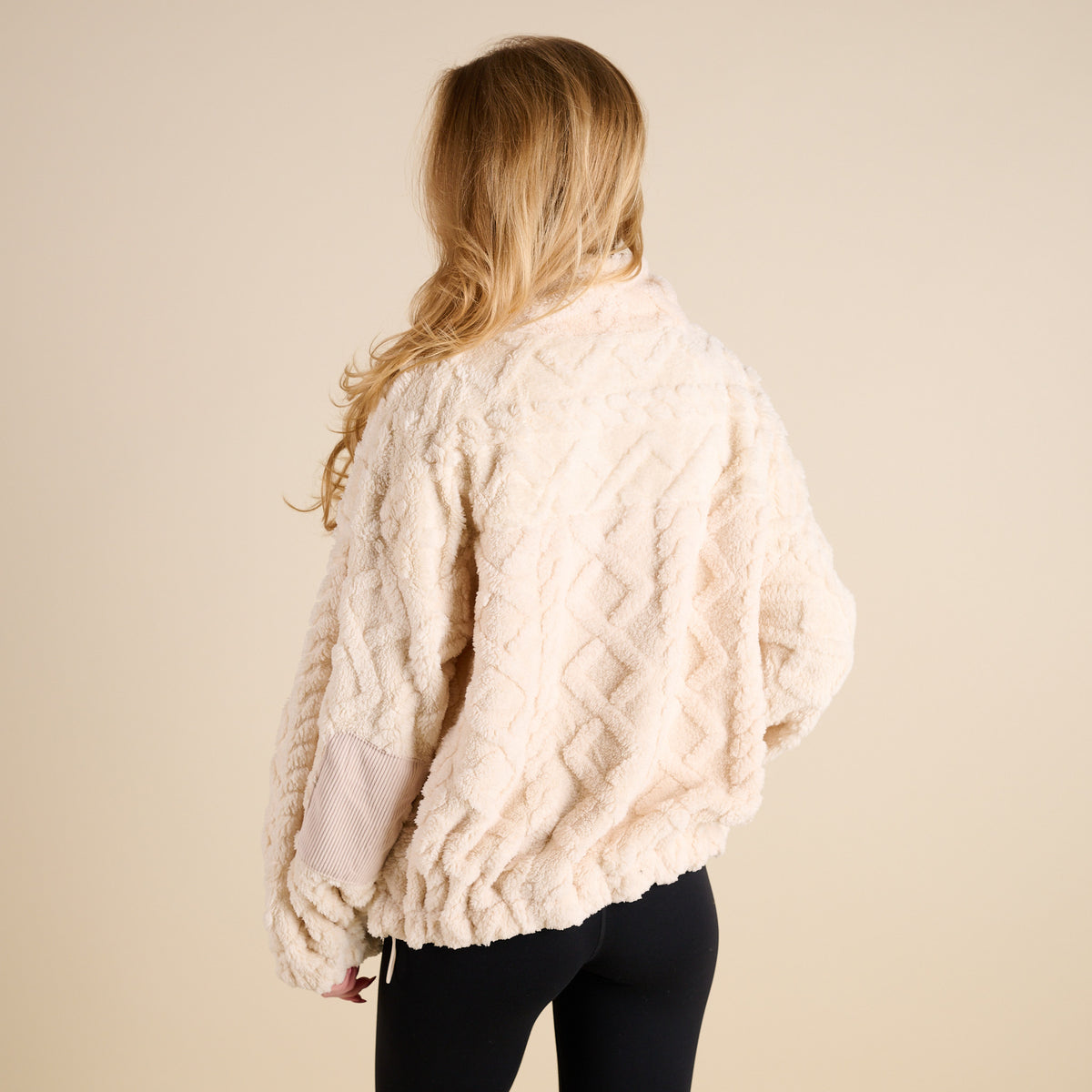 Woman wearing Very J Fuzzy Full Zip Pullover Jacket in Ecru