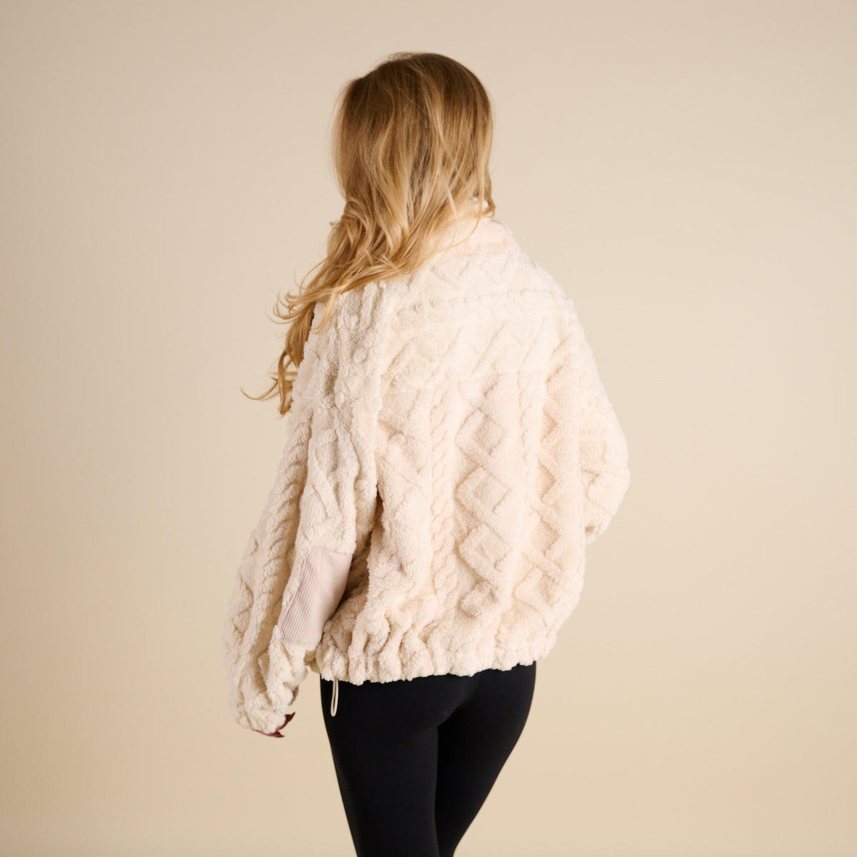 Woman wearing Very J Fuzzy Full Zip Pullover Jacket in Ecru