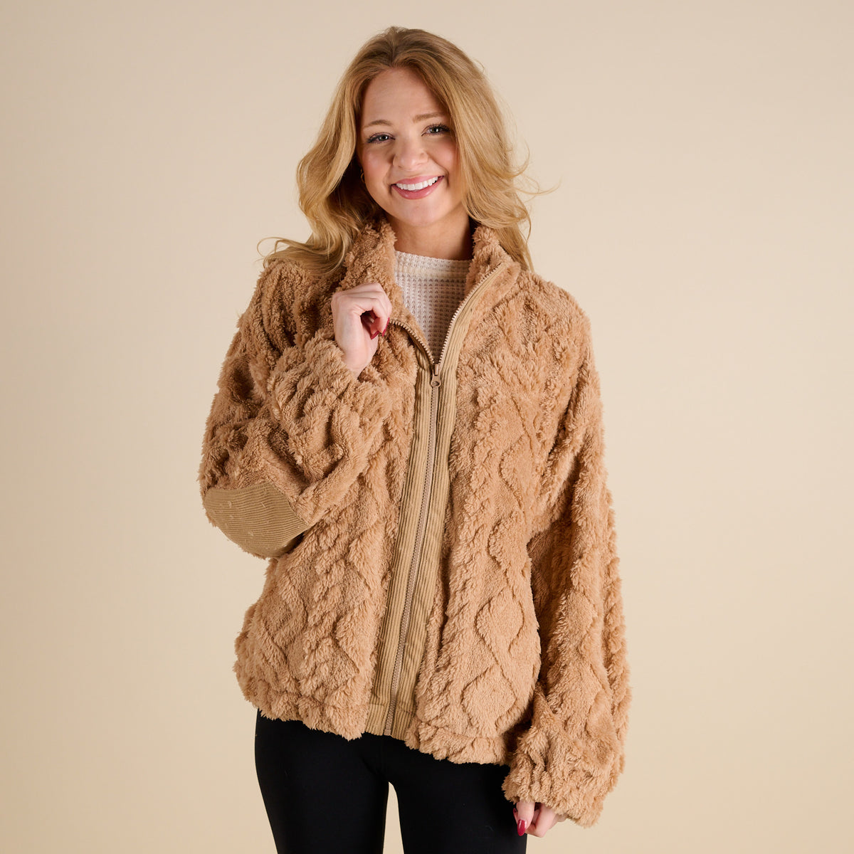Woman wearing Very J Fuzzy Full Zip Pullover Jacket in Mocha 