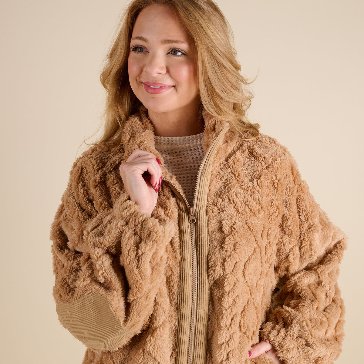Woman wearing Very J Fuzzy Full Zip Pullover Jacket in Mocha 