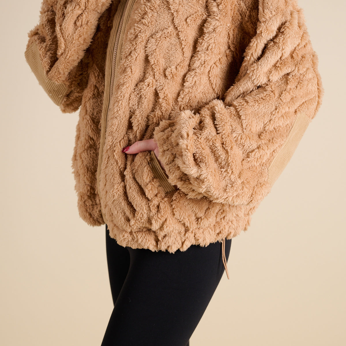 Woman wearing Very J Fuzzy Full Zip Pullover Jacket in Mocha 