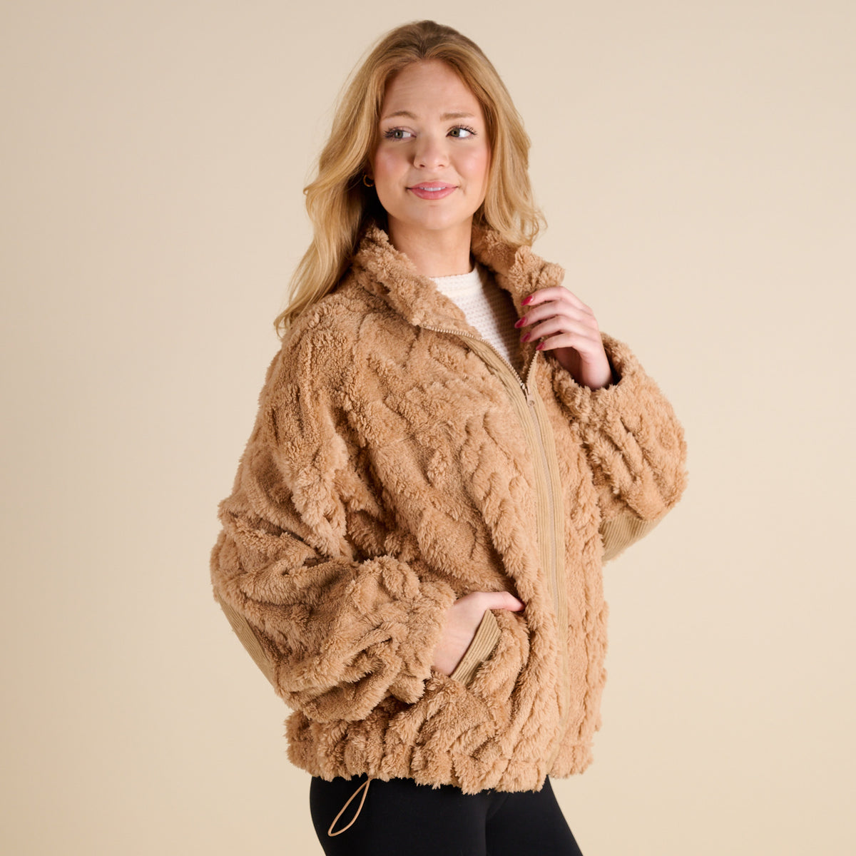 Woman wearing Very J Fuzzy Full Zip Pullover Jacket in Mocha 