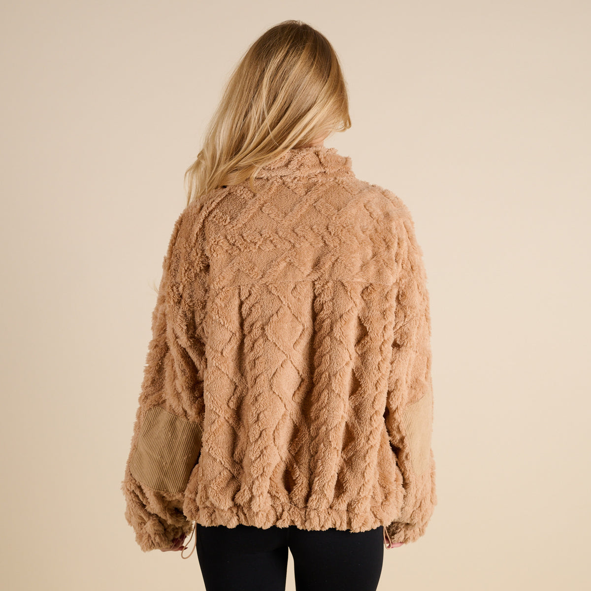 Woman wearing Very J Fuzzy Full Zip Pullover Jacket in Mocha 