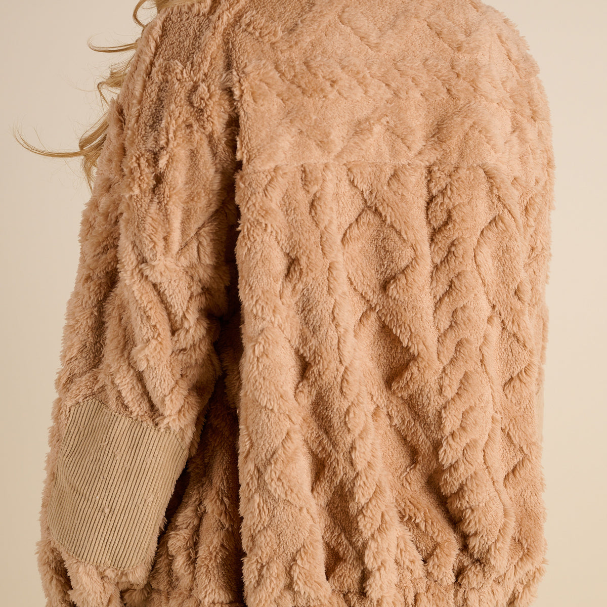 Woman wearing Very J Fuzzy Full Zip Pullover Jacket in Mocha 