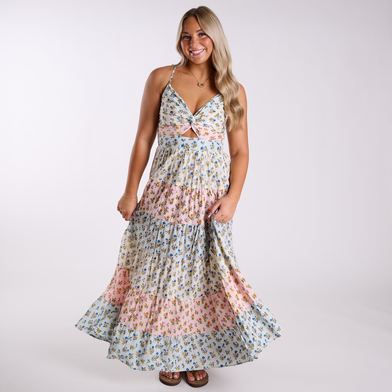 Blush and Blue Floral Tiered Maxi Dress