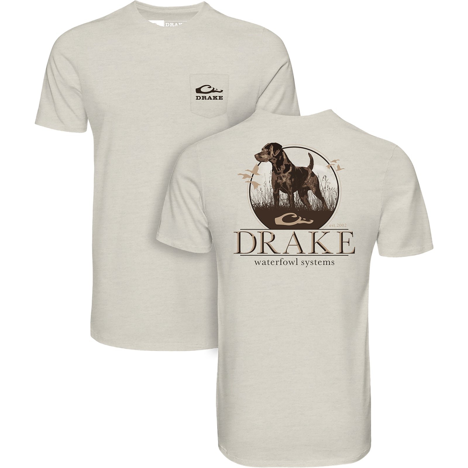 Beige t-shirt with a black labrador retriever dog graphic and 'Drake Waterfowl Systems' text on a white background