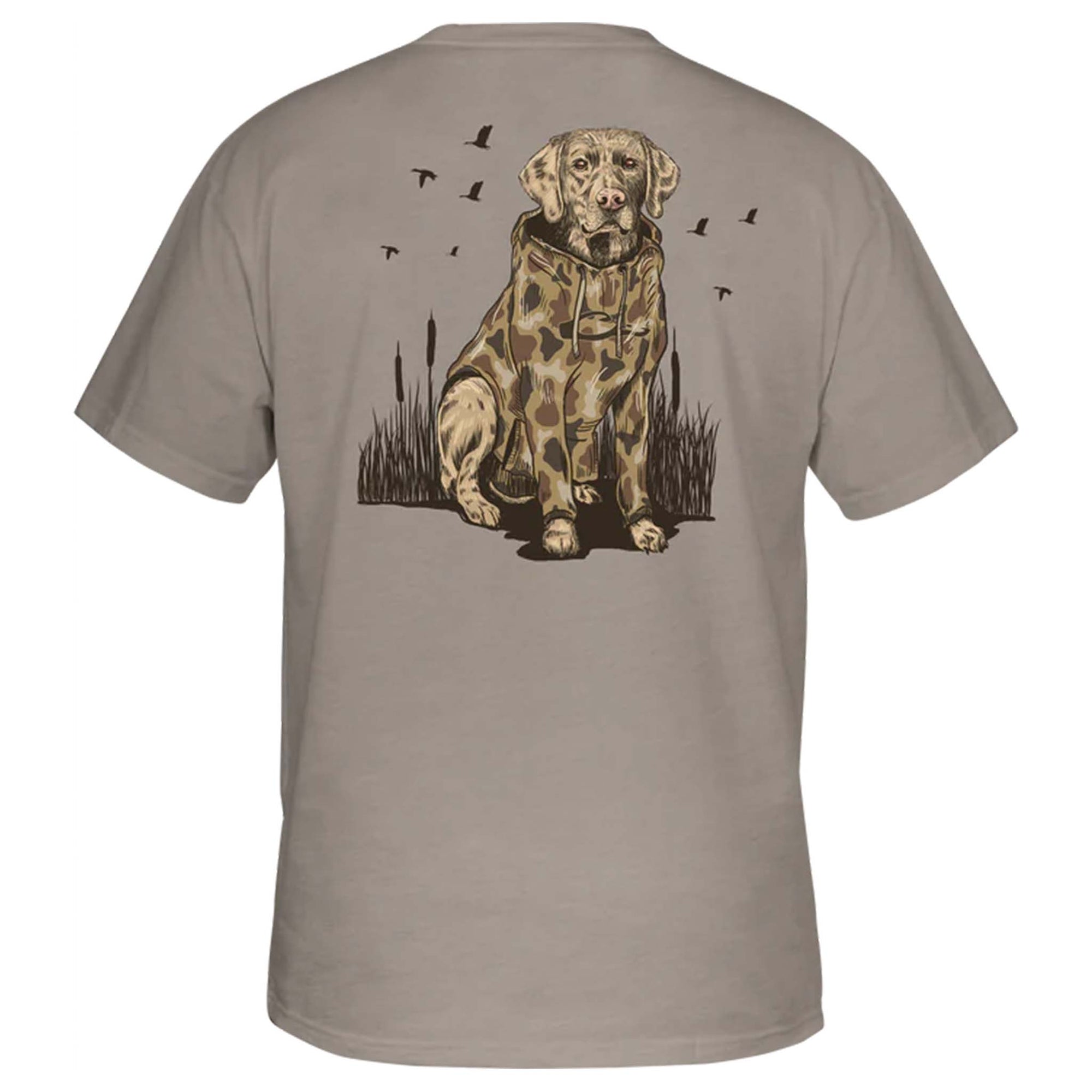 Back view of taupe short sleeve t-shirt featuring a graphic of a Labrador in a camo jacket sitting among marsh grass with flying ducks overhead.
