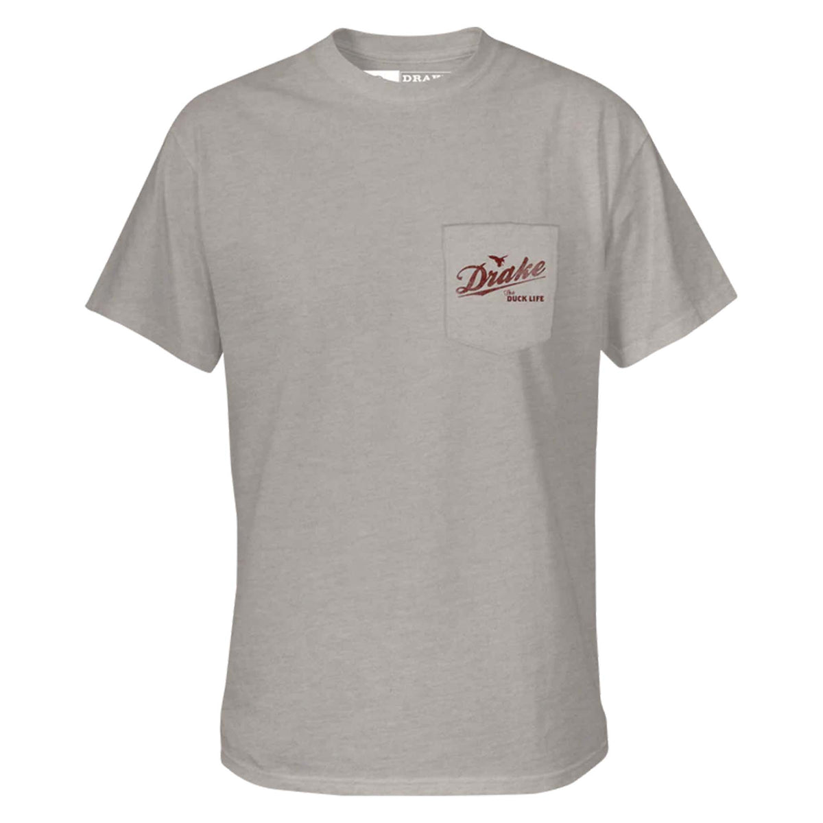 Gray t-shirt with a pocket and 'Drake' logo on a white background