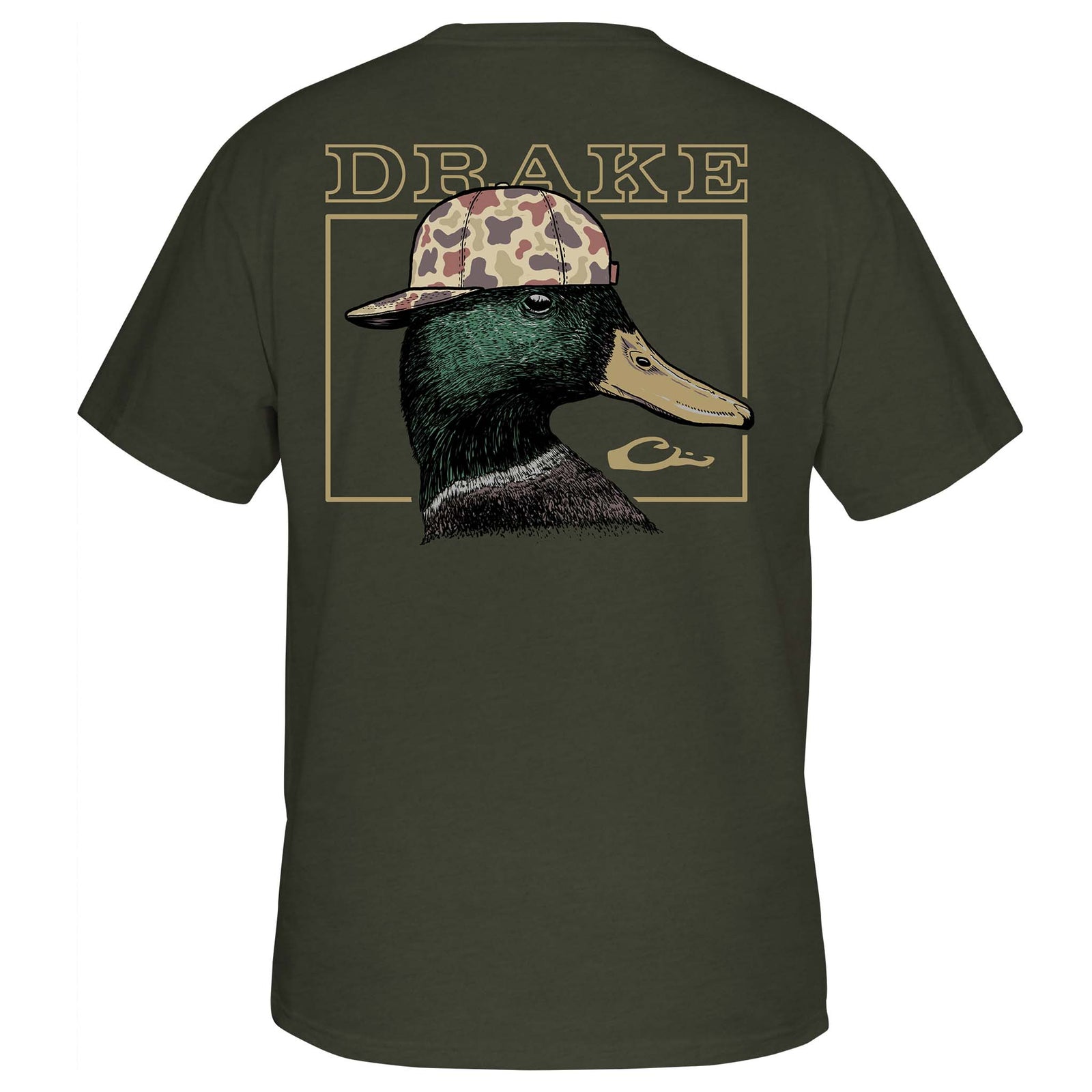 Back view of dark green short sleeve t-shirt featuring a mallard duck head wearing a camo cap with “Drake” text and logo above.