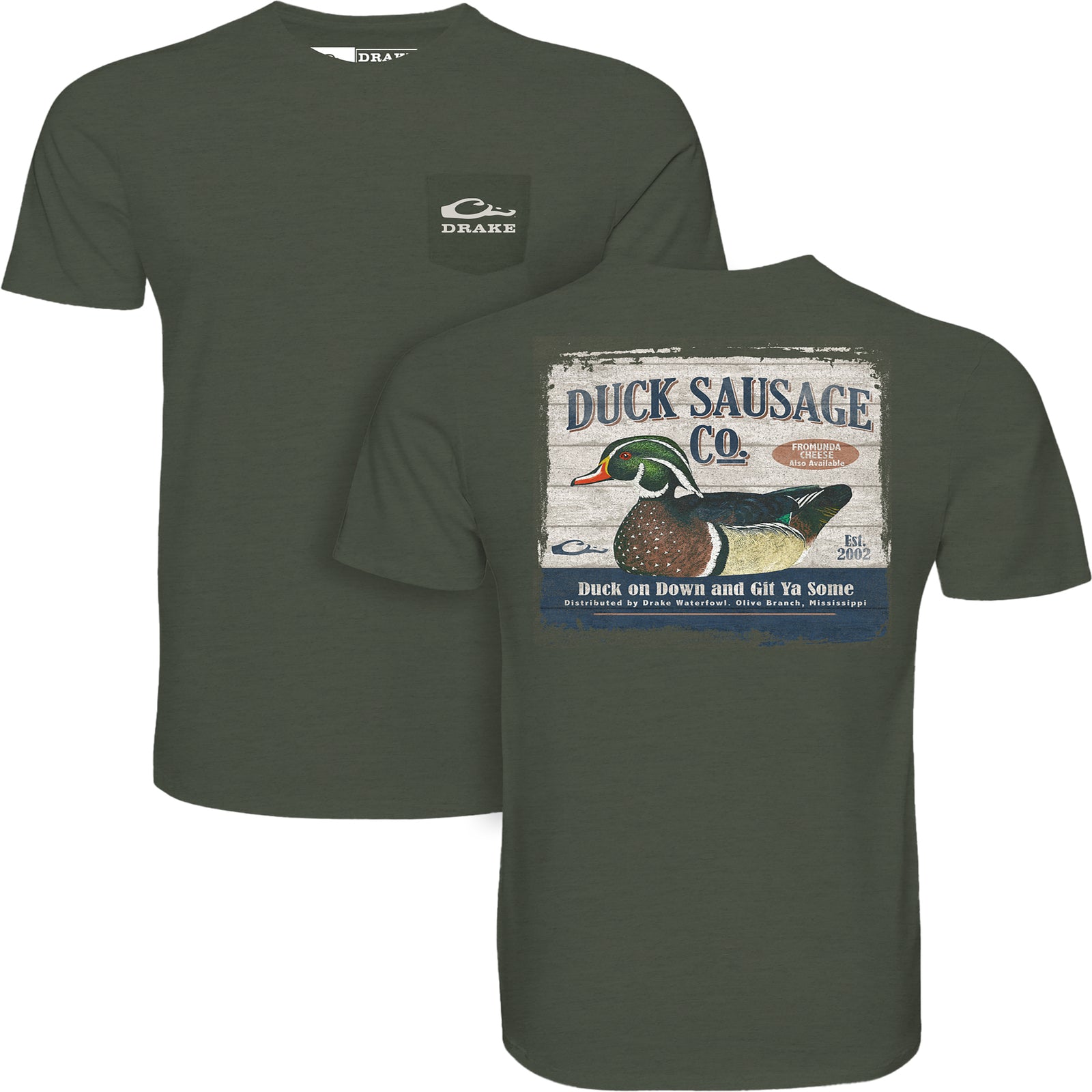 Dark green t-shirt with Duck Sausage Co. graphic and Drake Waterfowl branding on a white background