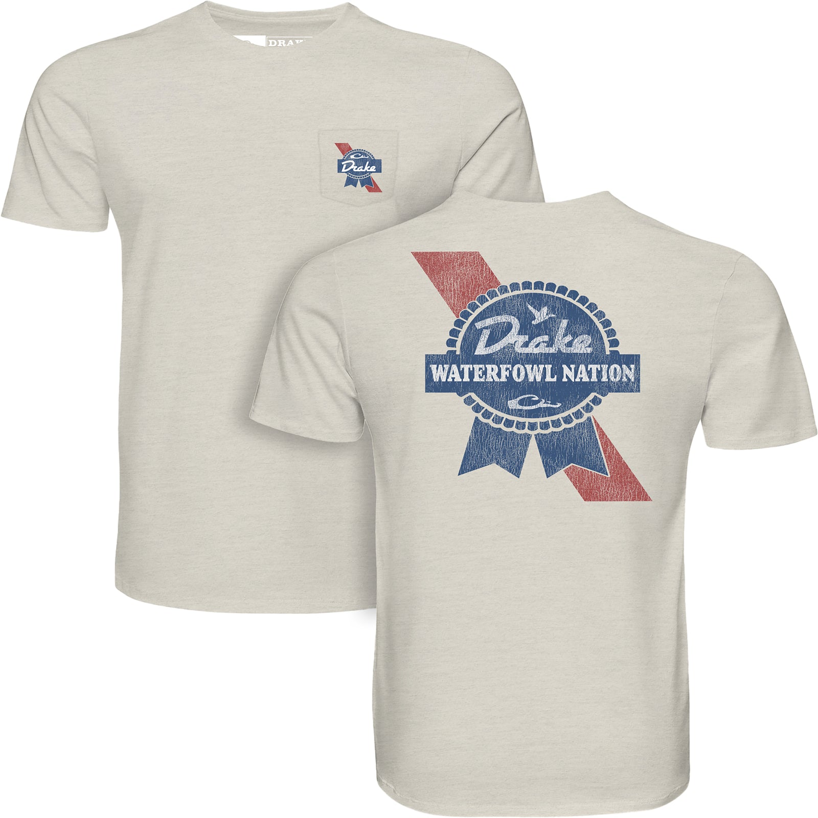 Beige t-shirt with 'Waterfowl Nation' red and blue beer label inspired graphic and logo on a white background
