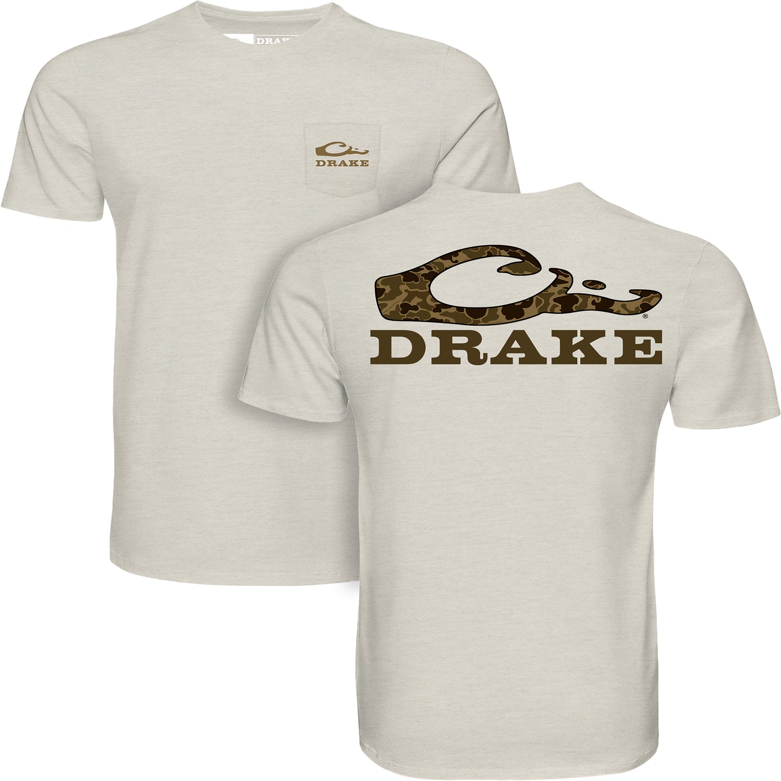 Beige Short Sleeve T-Shirt with Drake Waterfowl Old School Camo Stacked Logo shown on a white background.