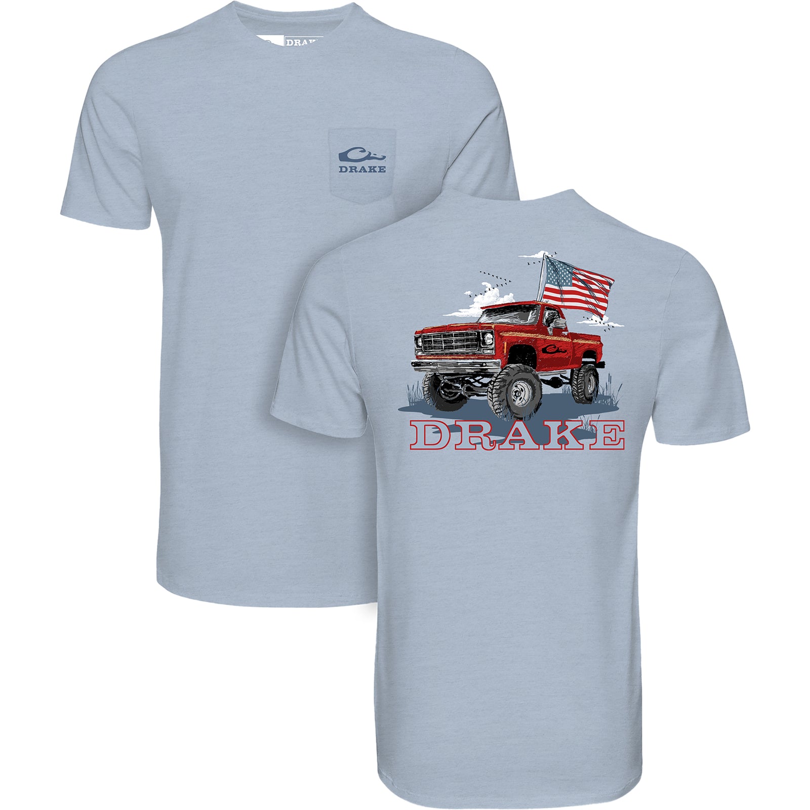 Light blue t-shirt with a graphic of a red truck and American flag on the front, and 'Drake' branding on the back.