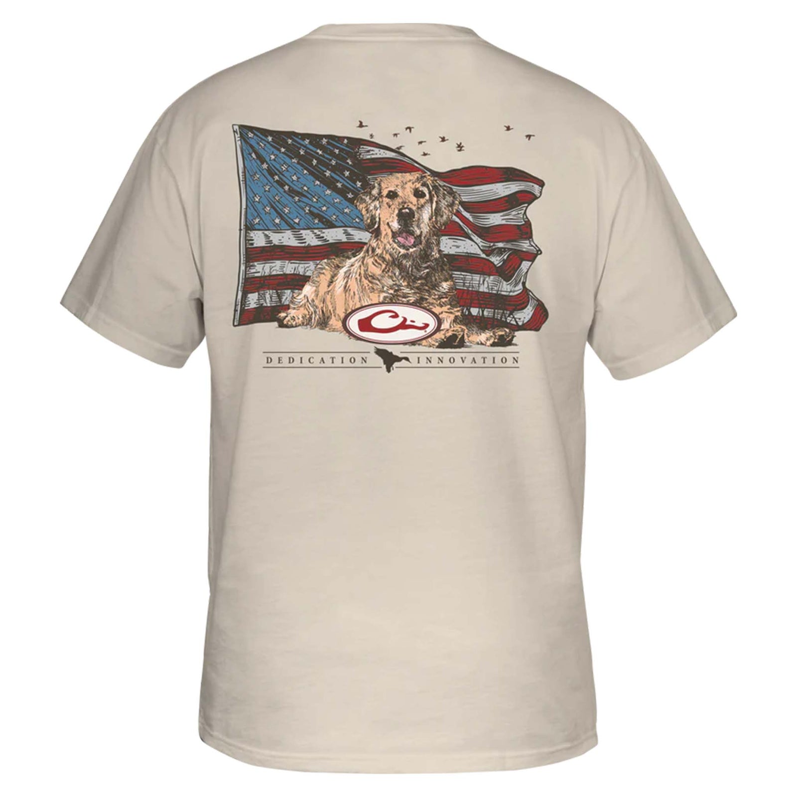 Beige t-shirt with a graphic of a dog and American flag on the back, on a white background.