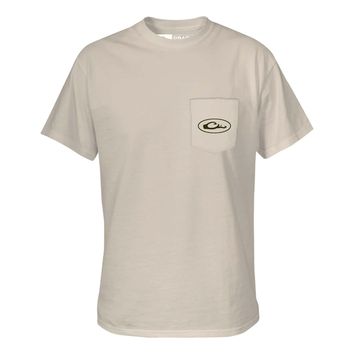 Beige t-shirt with a logo on the chest pocket against a white background