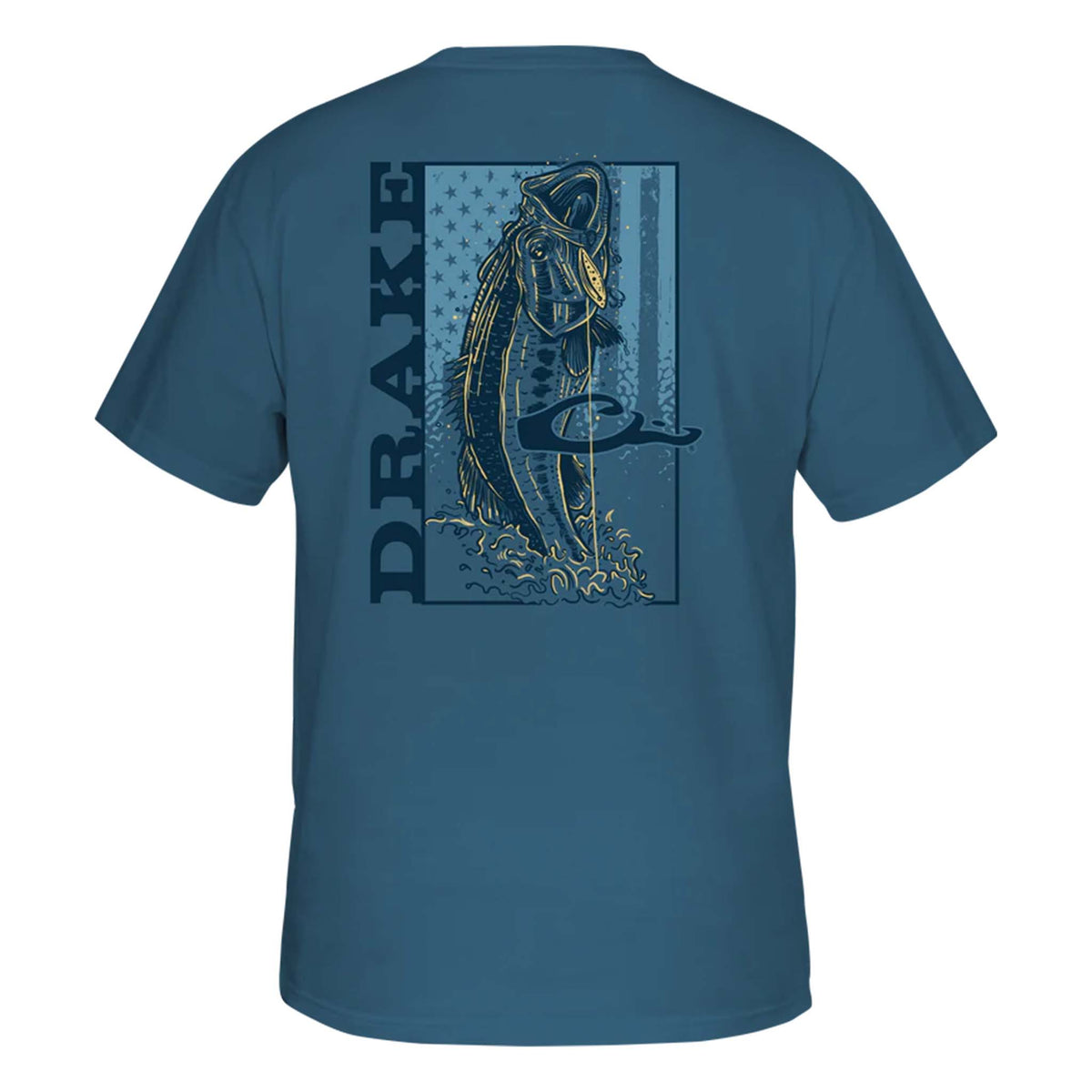 Blue t-shirt with fish graphic and 'Drake' branding on the back