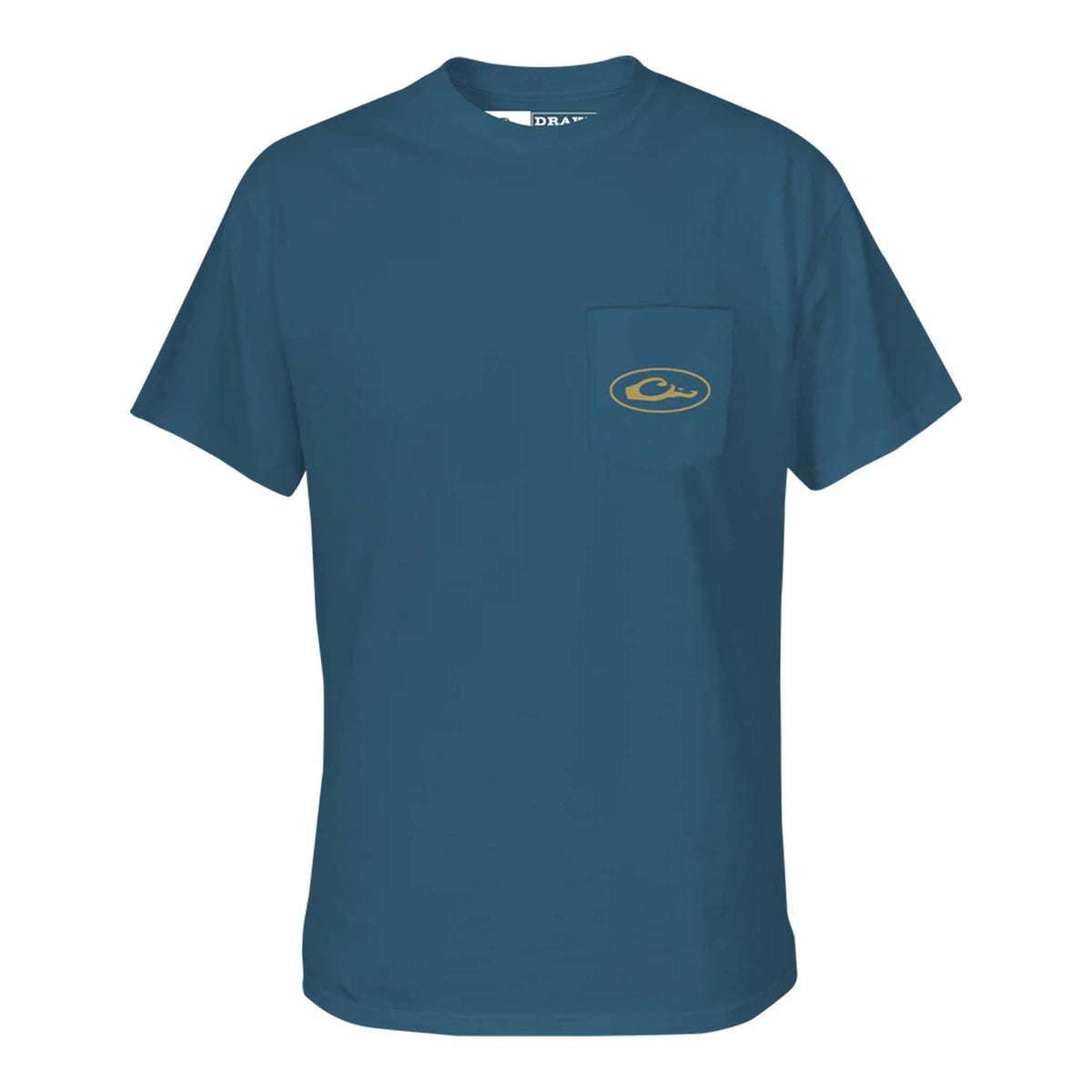 Blue t-shirt with a logo on the chest pocket against a white background