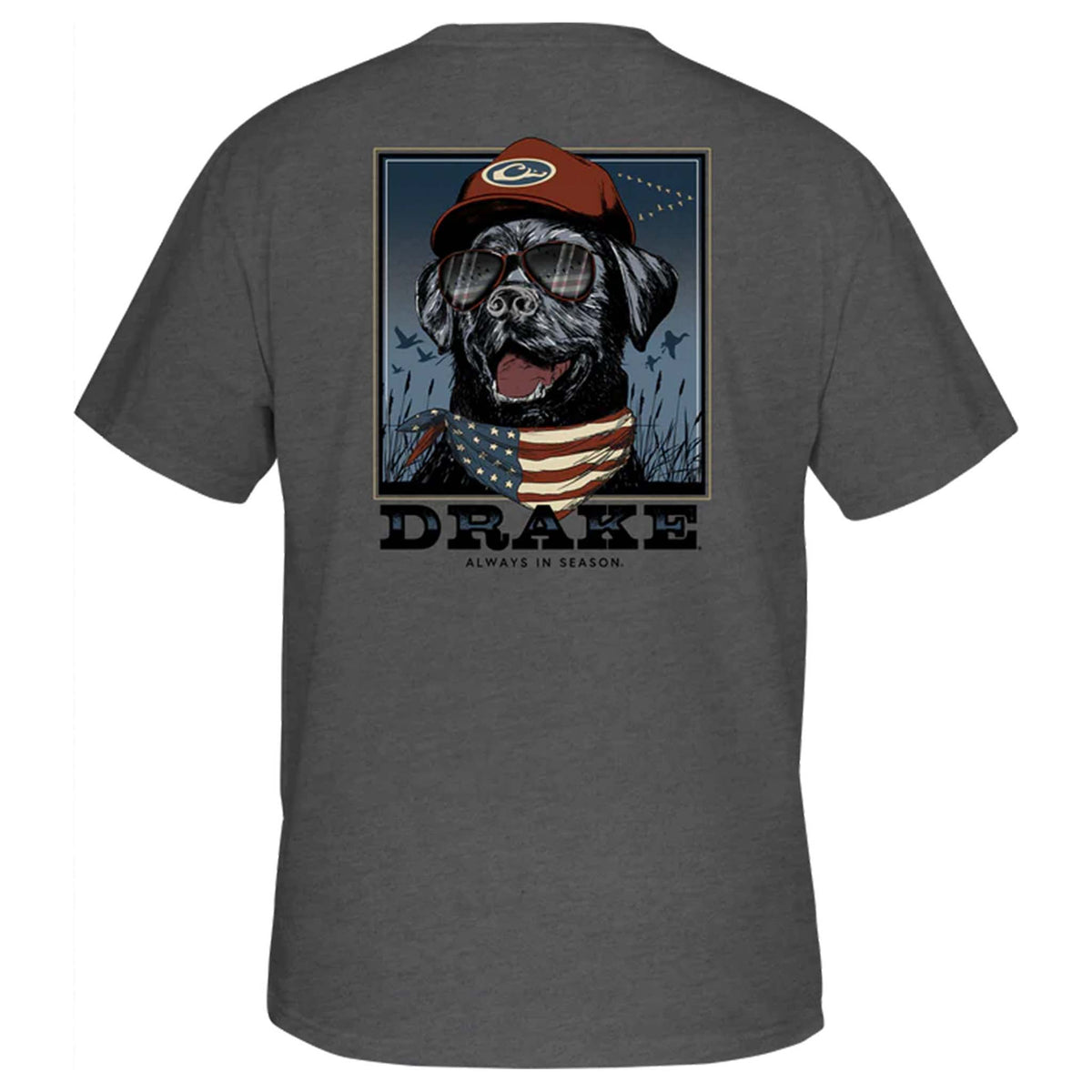 Back view of dark gray short sleeve t-shirt featuring black lab in cap, aviator sunglasses, and American flag bandana with “Drake Always in Season” text.