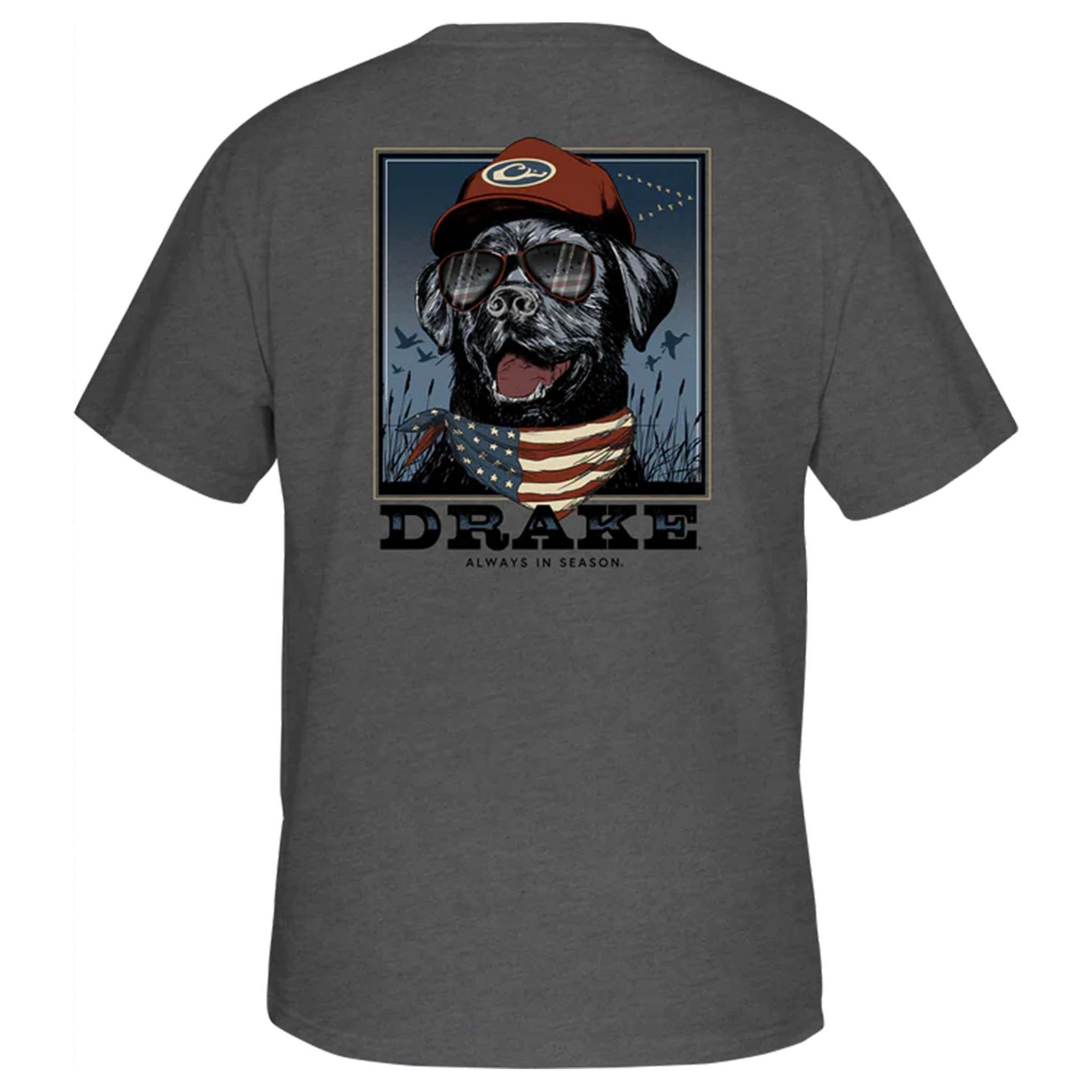 Back view of dark gray short sleeve t-shirt featuring black lab in cap, aviator sunglasses, and American flag bandana with “Drake Always in Season” text.