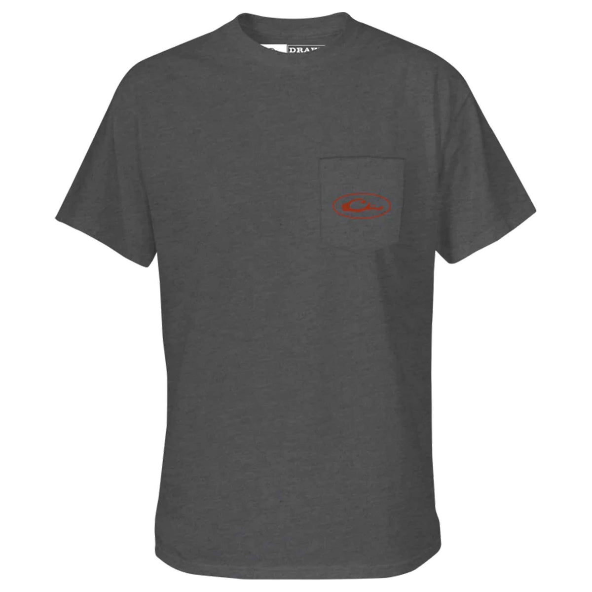 Front view of dark gray short sleeve pocket t-shirt with small red Drake logo on pocket.