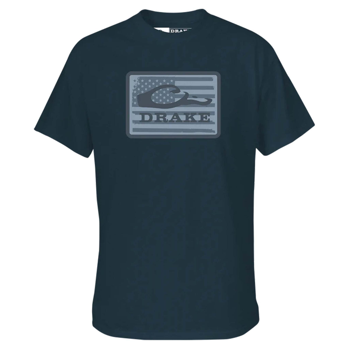 Navy blue t-shirt with a graphic design on a white background