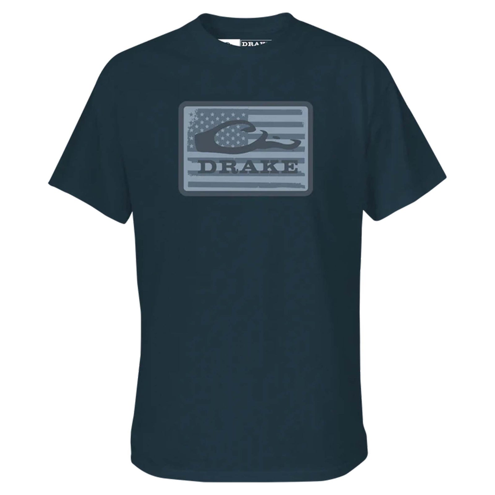 Navy blue t-shirt with a graphic design on a white background