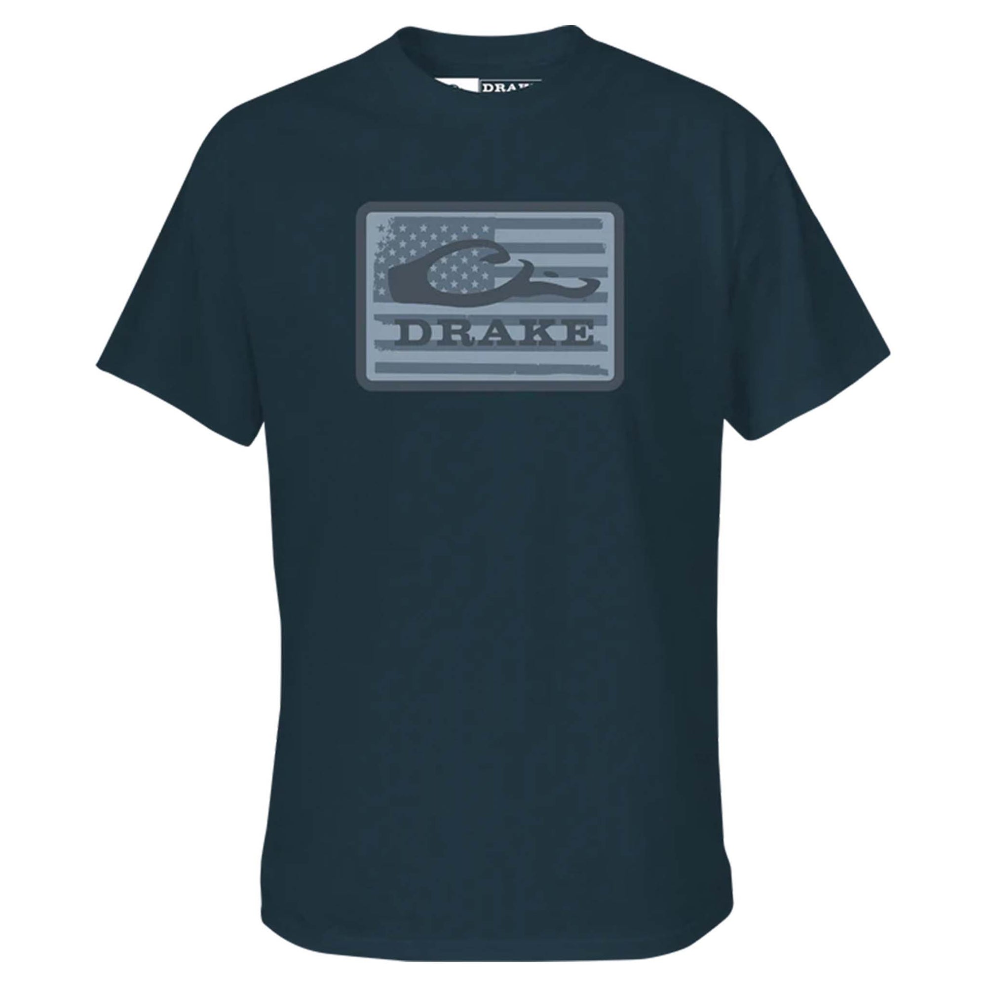 Navy blue t-shirt with a graphic design on a white background