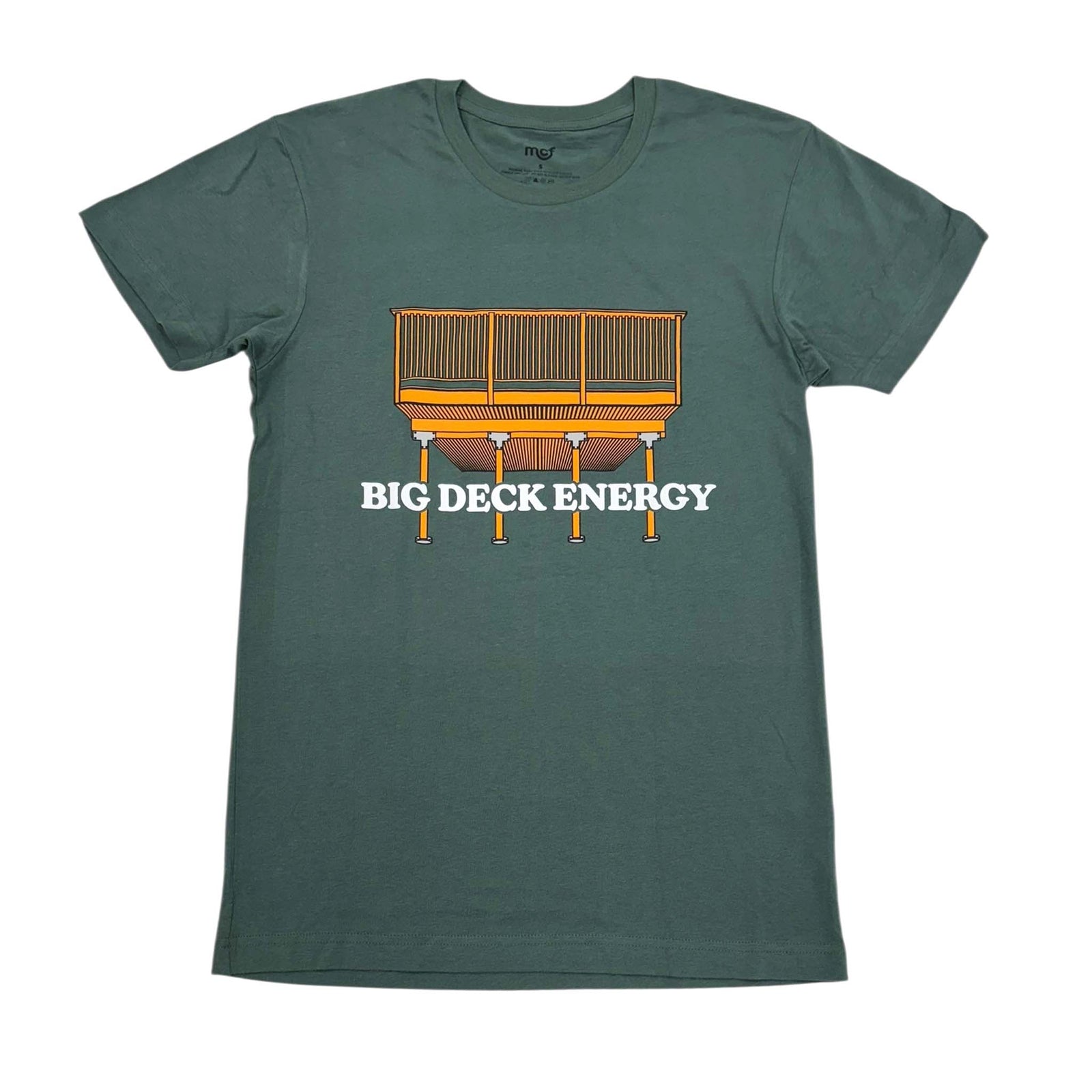 Middle Class Fancy Big Deck Energy Short Sleeve T-Shirt, color dark green, sizes S-XXL, 100% cotton.  Green t-shirt featuring an illustrated deck with the bold phrase “Big Deck Energy” centered below it.