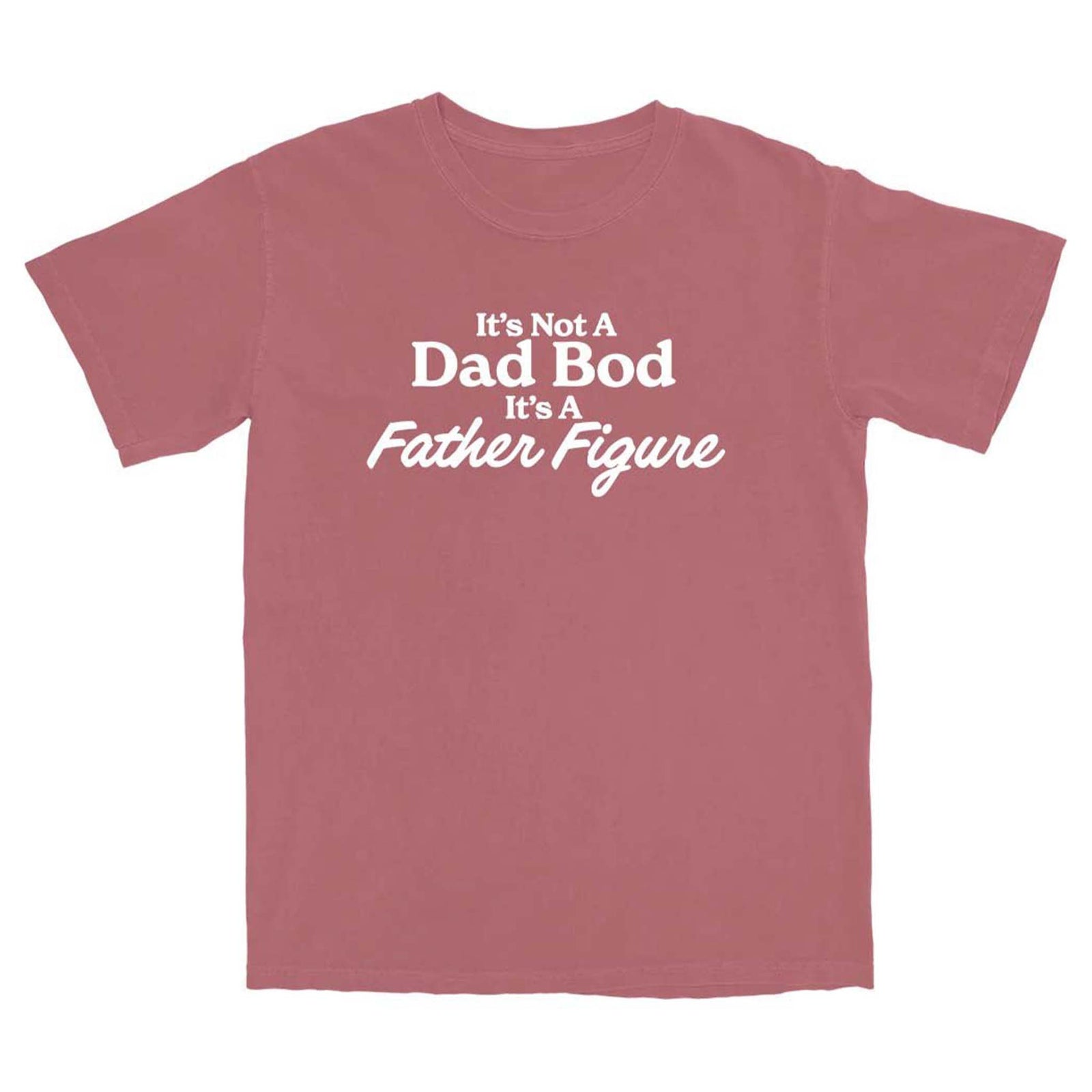 Middle Class Fancy Father Figure Short Sleeve T-shirt, color red, sizes S-XXL, 100% cotton.  Front flat lay featuring the saying "It's not a dad bod It's a father figure" printed in white.