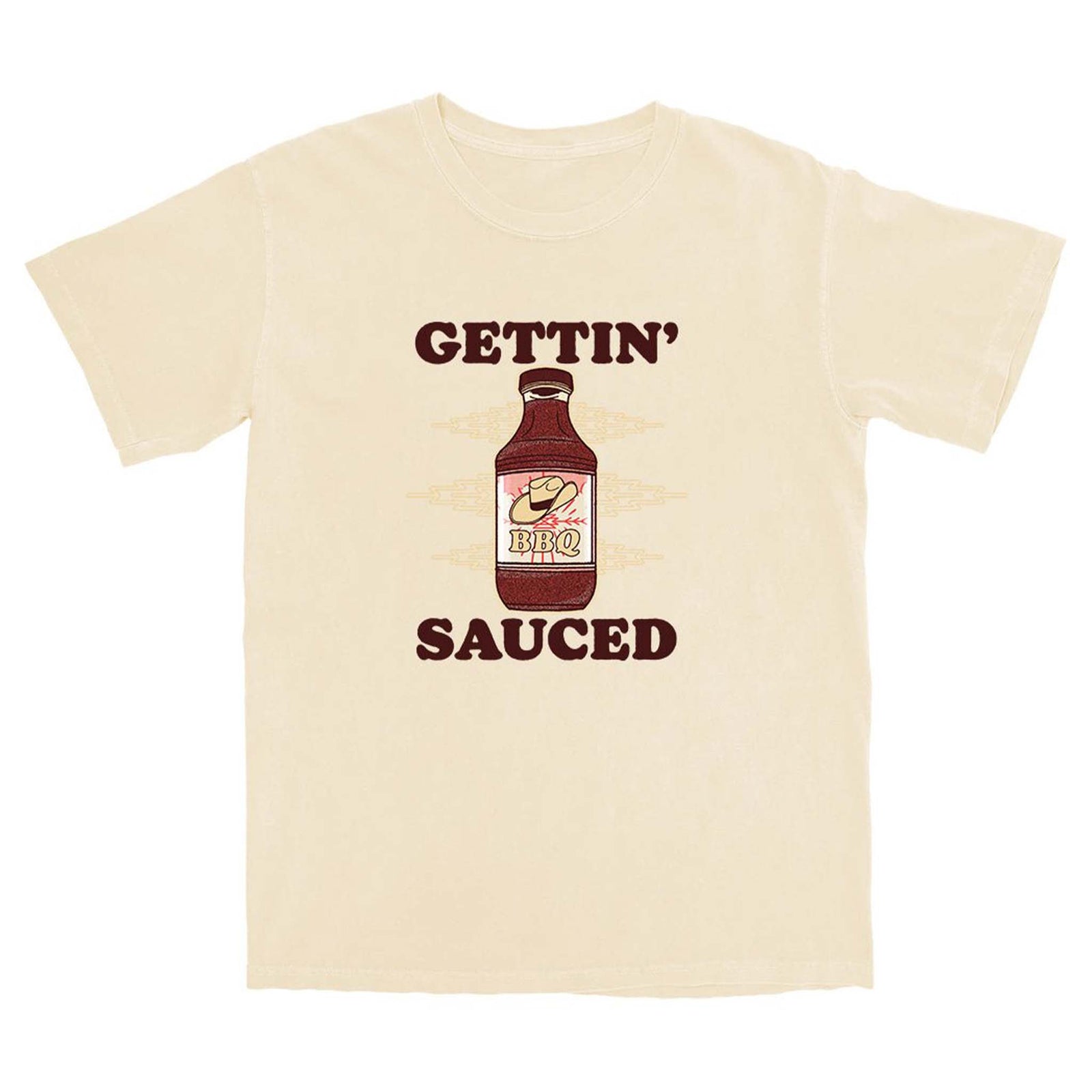 Middle Class Fancy Gettin Sauced Short Sleeve T Shirt, color beige, sizes S-XXL, 100% cotton. Natural t-shirt with a graphic of a BBQ sauce bottle and bold text that reads “Gettin’ Sauced” above and below the image.