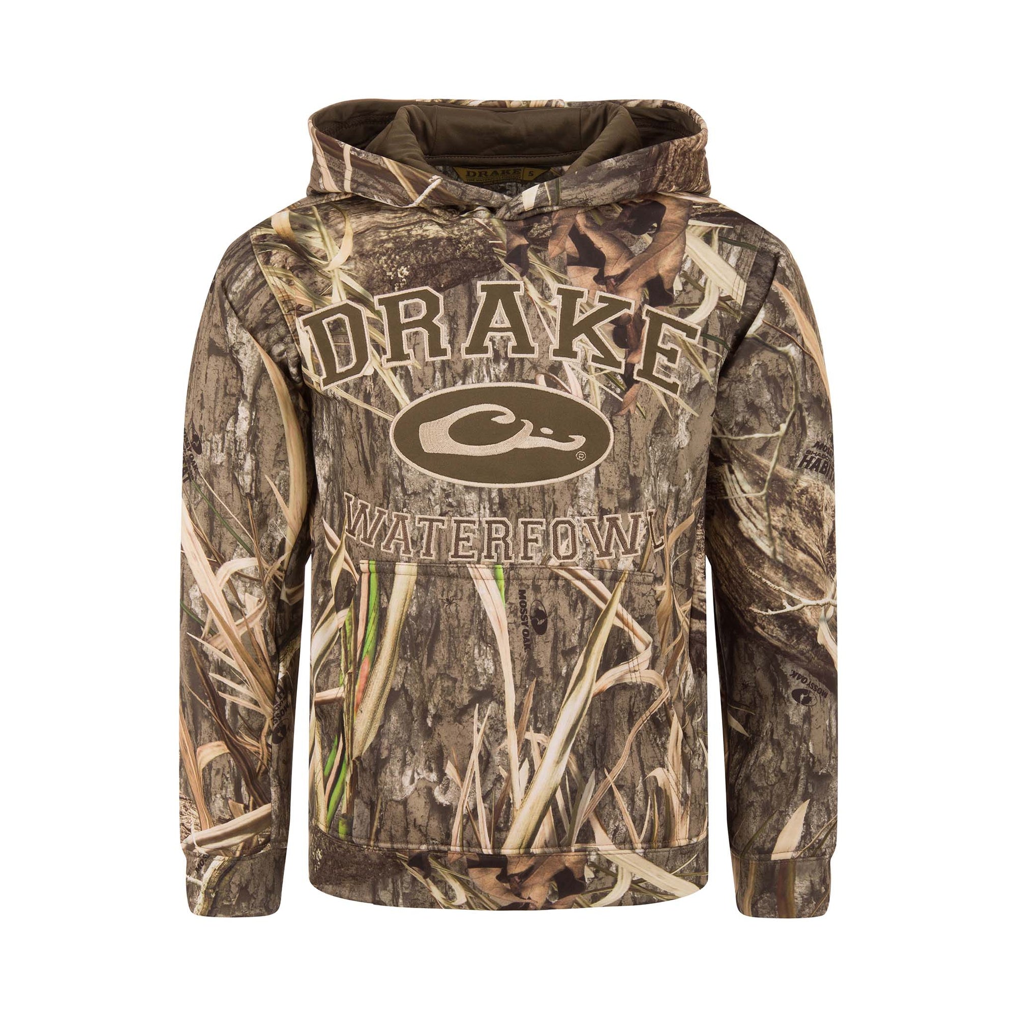 Camouflage hoodie with 'Drake Waterfowl' logo on a white background