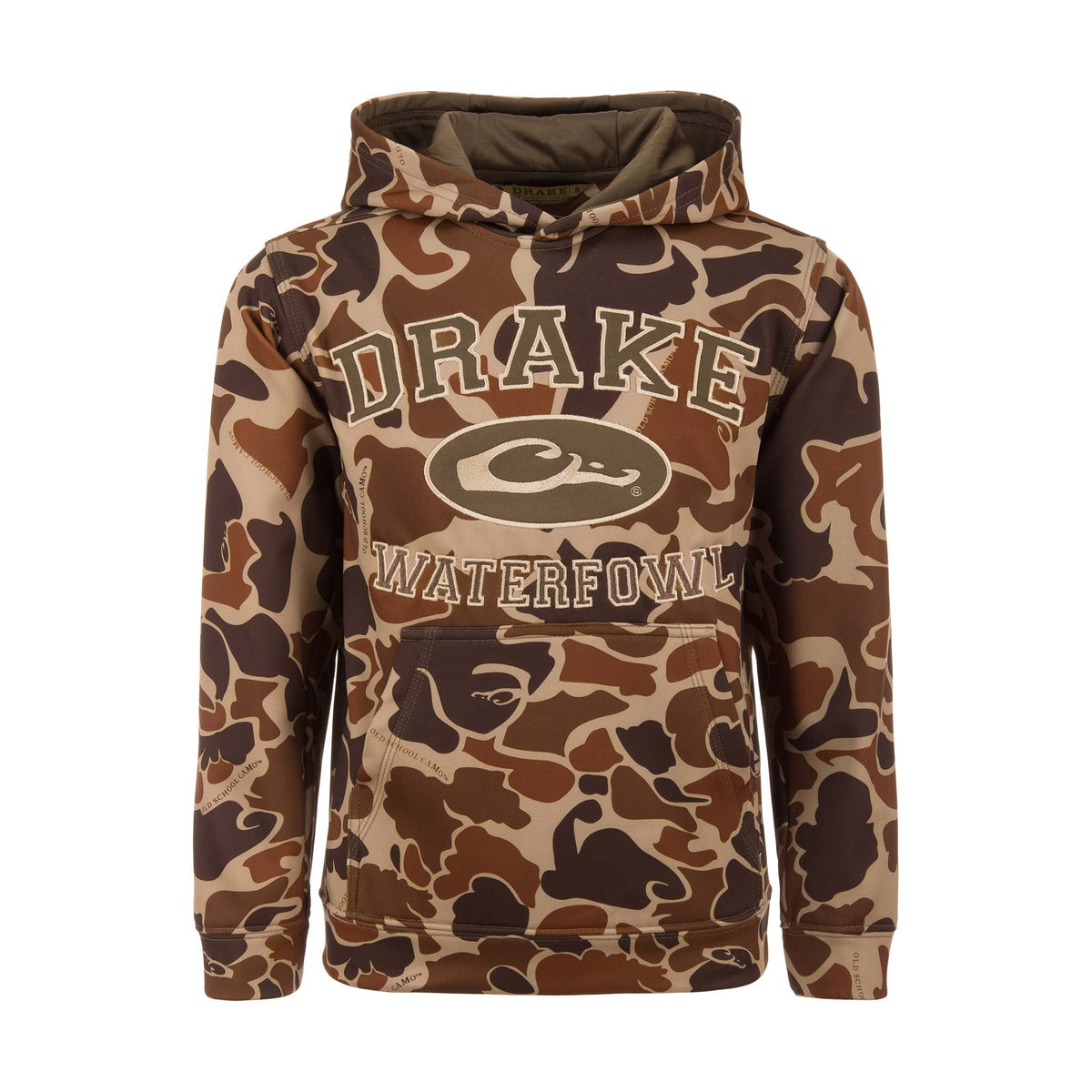 Camouflage hoodie with 'Drake Waterfowl' logo on a white background