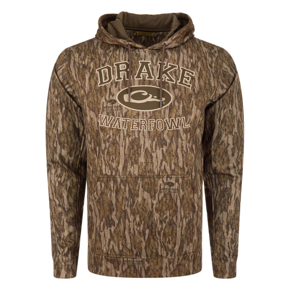 Camouflage hoodie with 'Drake Waterfowl' logo on a white background