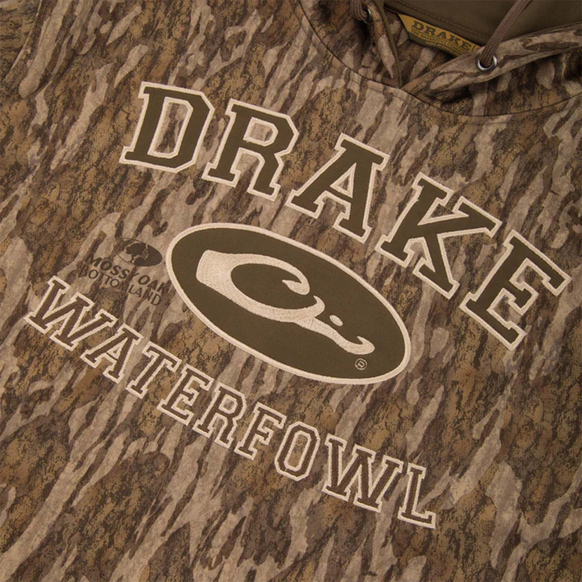 Camouflage hoodie with Drake Waterfowl logo on a close-up view
