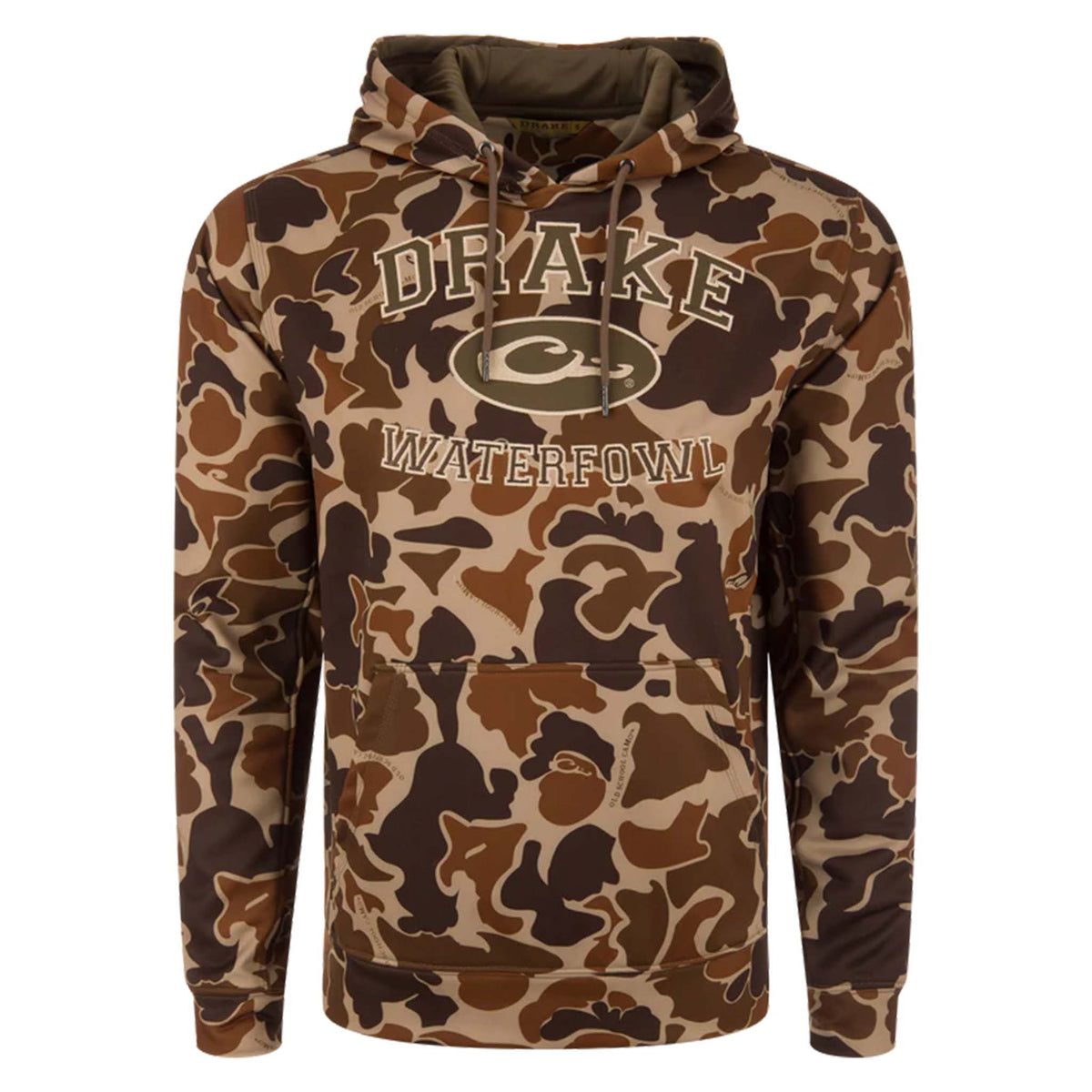Camouflage hoodie with 'Drake Waterfowl' logo on a white background