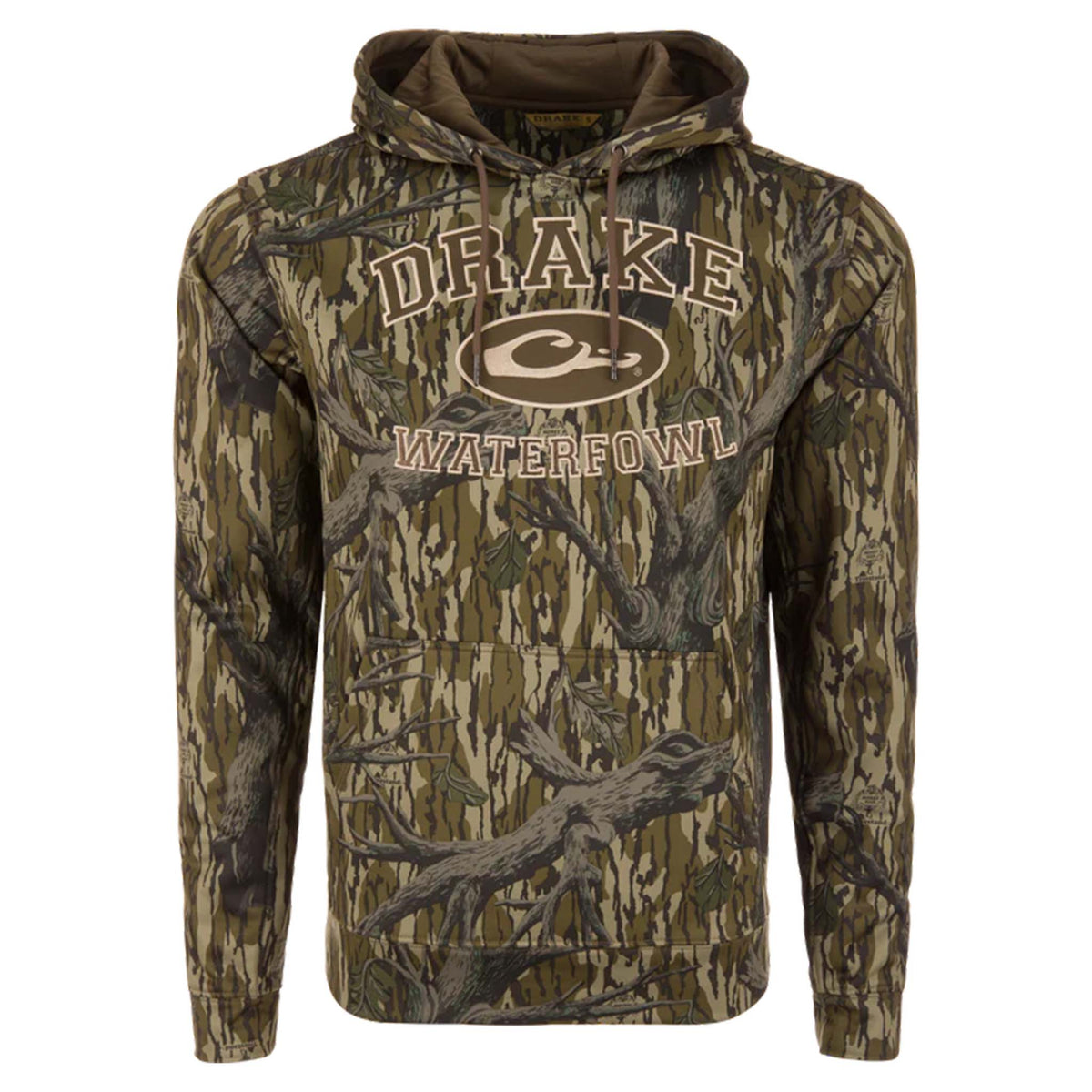 Camouflage hoodie with 'Drake Waterfowl' logo on a white background