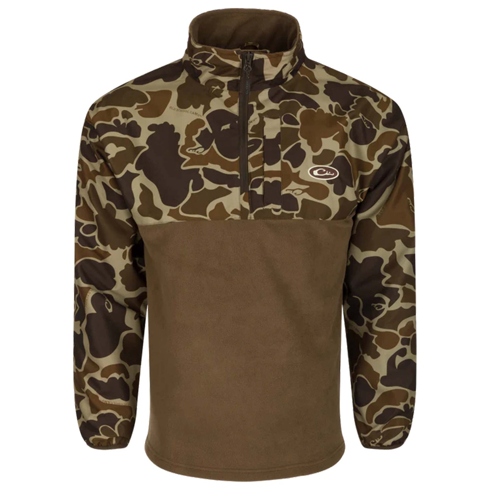 Camouflage pullover with a quarter-zip design on a white background