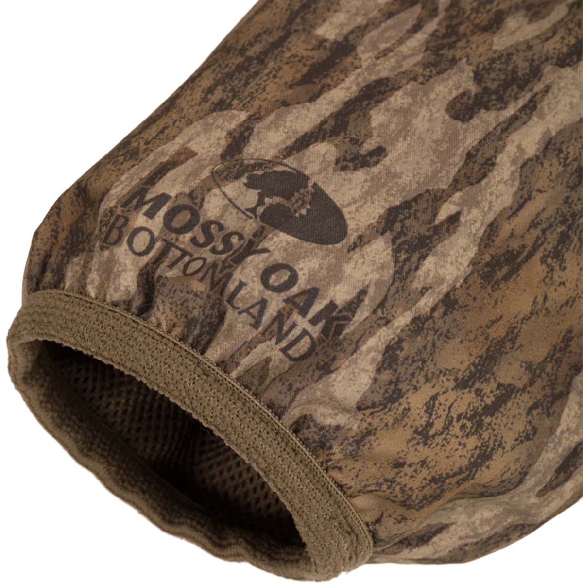 Camouflage-patterned product with 'Mossy Oak Bottomland' branding on a white background