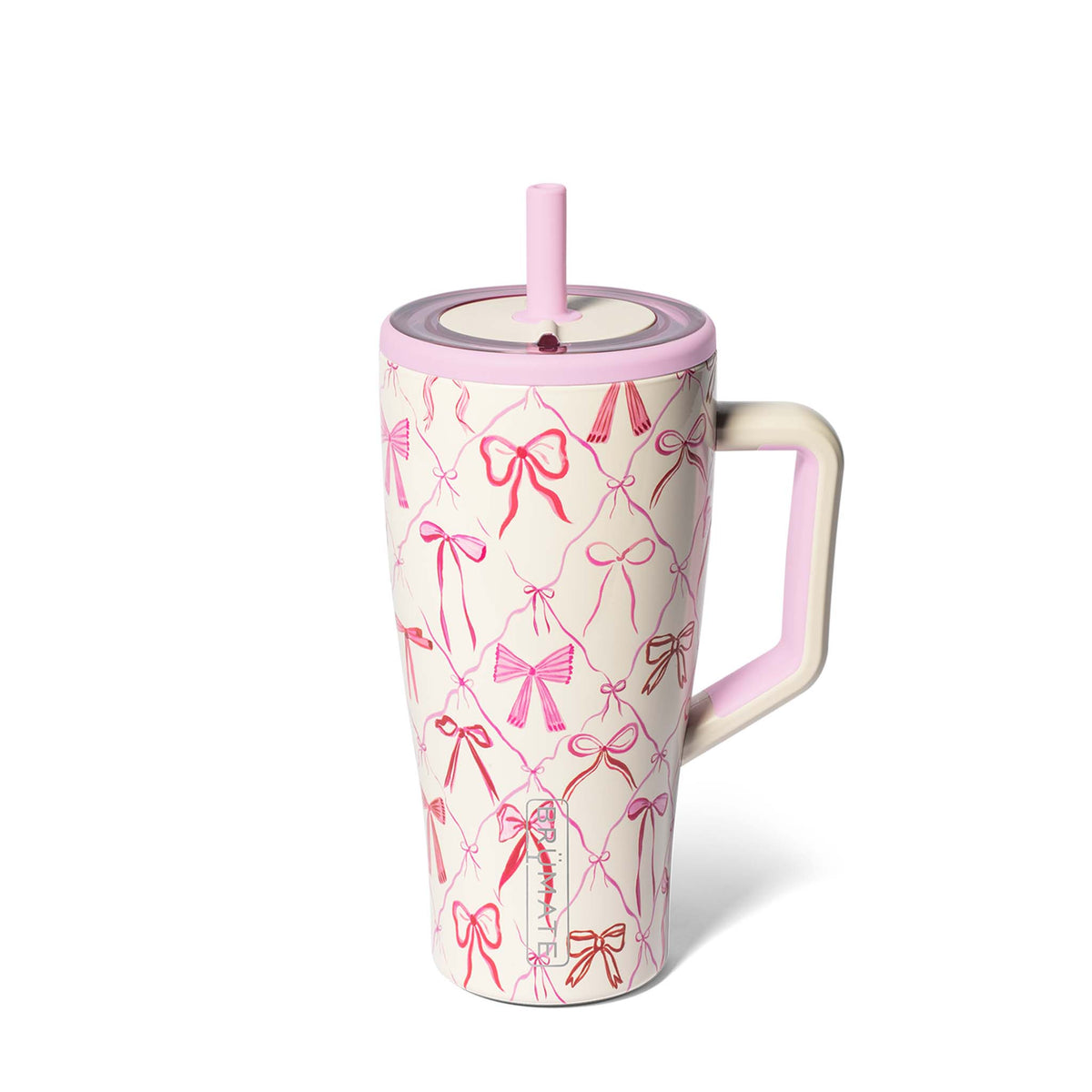 Brümate 30oz Era tumbler in Bow pattern with pink and red bow illustrations, pink lid, and reusable straw.