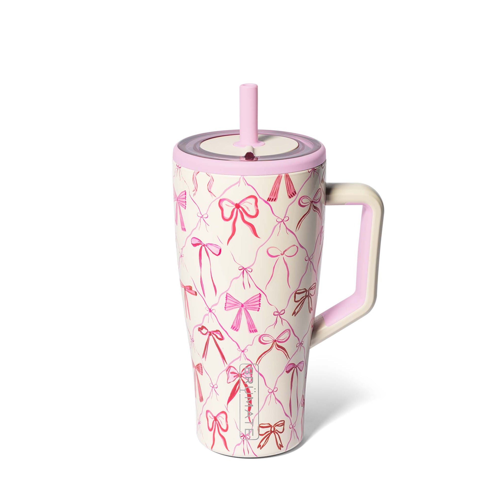 Brümate 30oz Era tumbler in Bow pattern with pink and red bow illustrations, pink lid, and reusable straw.