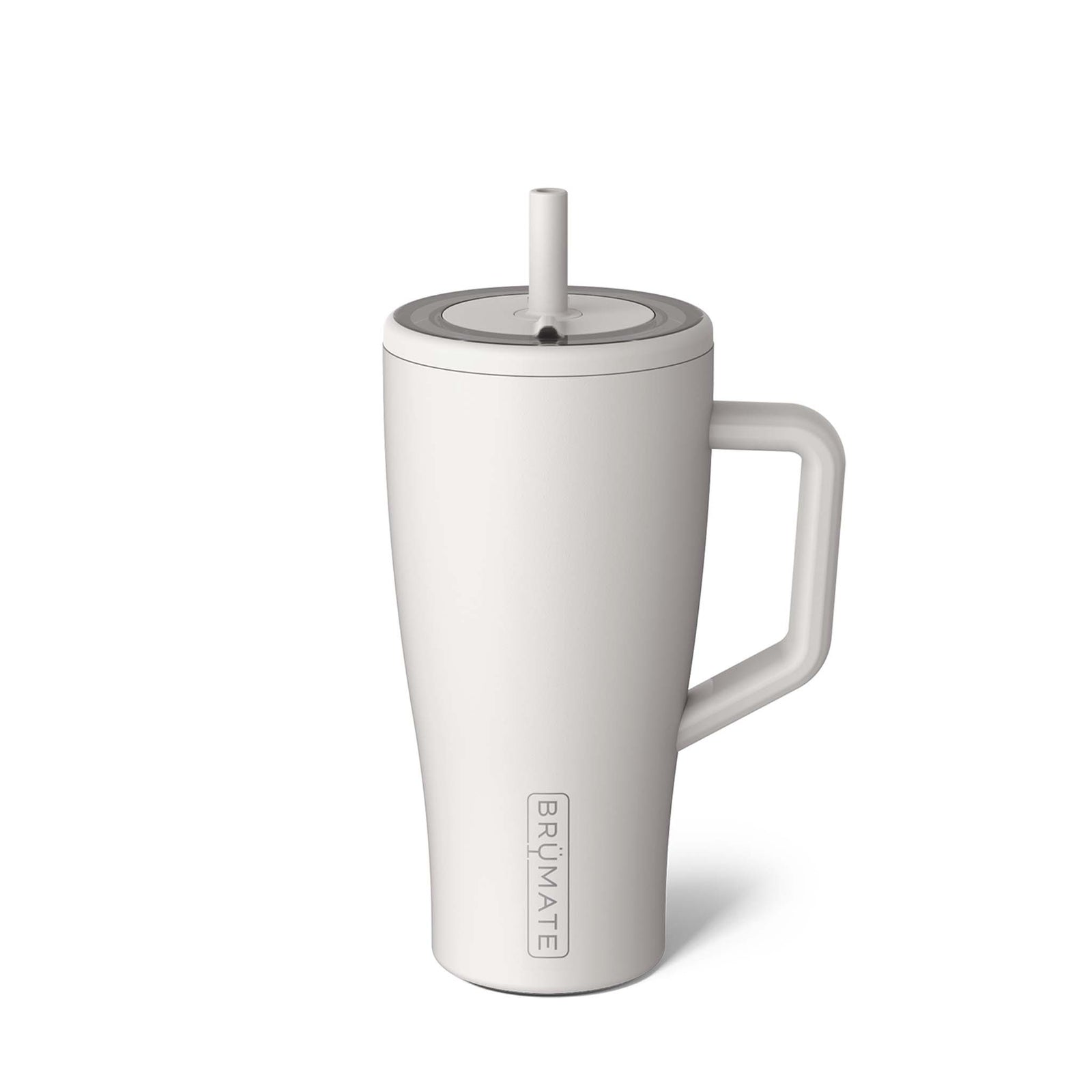 BrüMate Era 30oz tumbler in Dune, featuring a matte off-white finish, ergonomic handle, and leak-resistant lid with built-in straw. Sleek, modern design perfect for hot or cold beverages on the go.