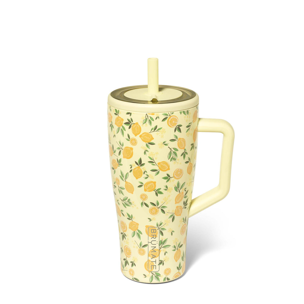 BrüMate Era 30oz tumbler in Limoncello print with straw lid, yellow handle, and lemon pattern.