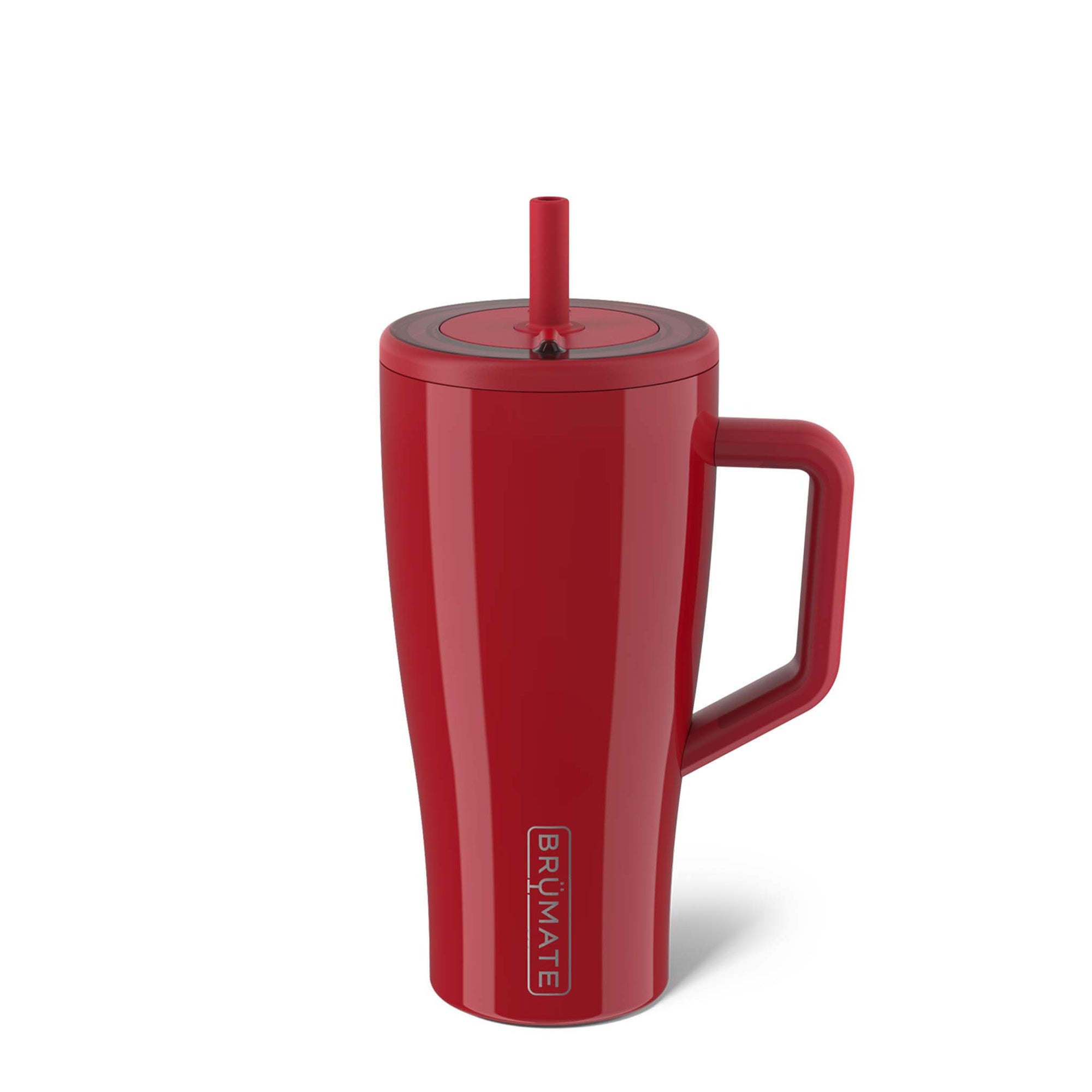 Brümate 30oz Era Tumbler in Maraschino red with handle and straw lid.