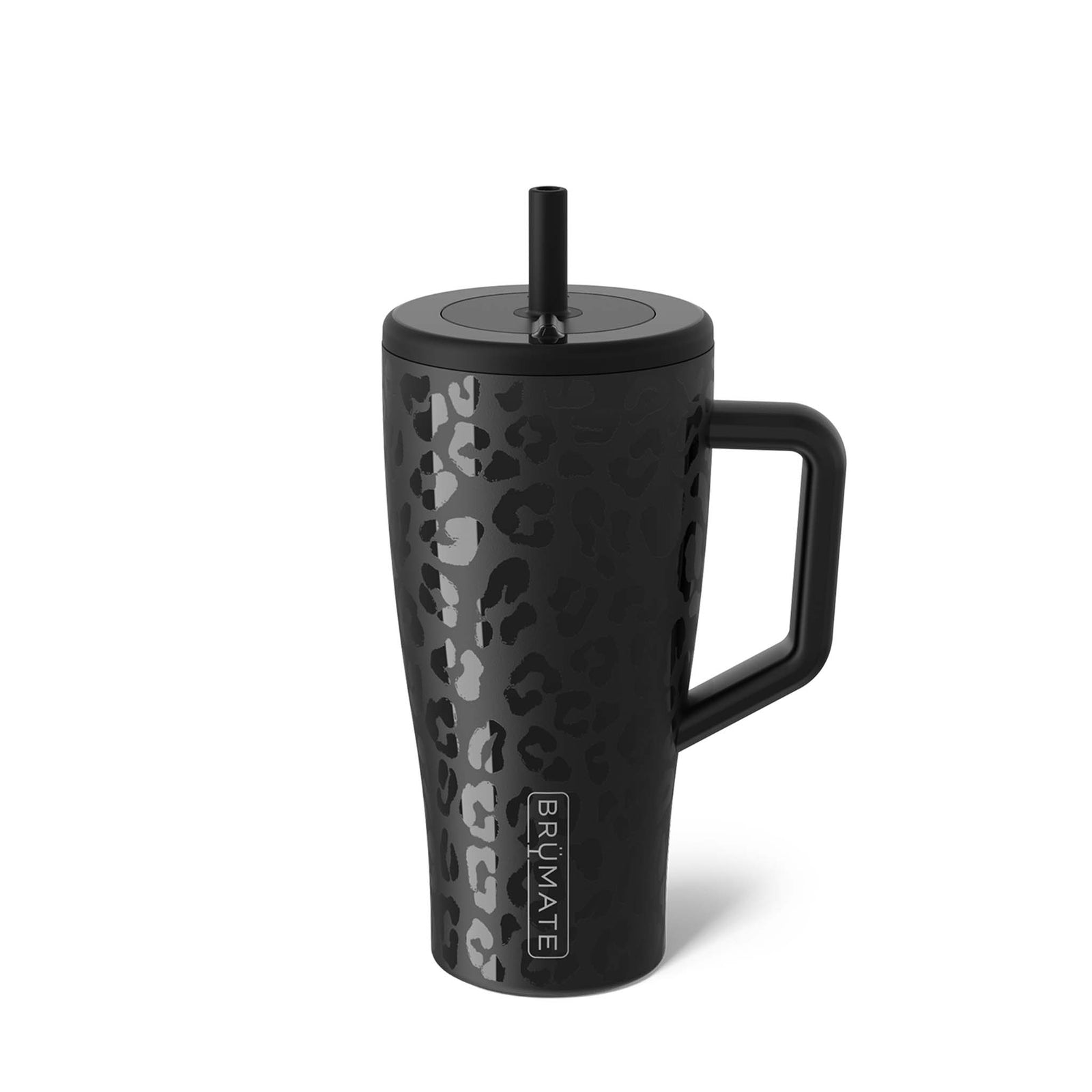 BrüMate Era 30oz tumbler in Onyx Leopard with glossy black cheetah print, matte black handle, and matching lid and straw.