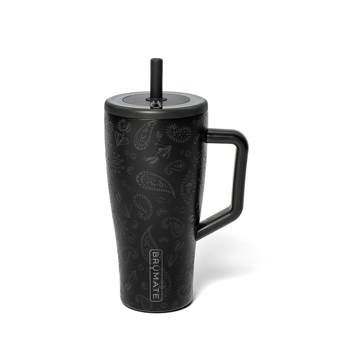 Black insulated mug with paisley pattern and handle on a white background