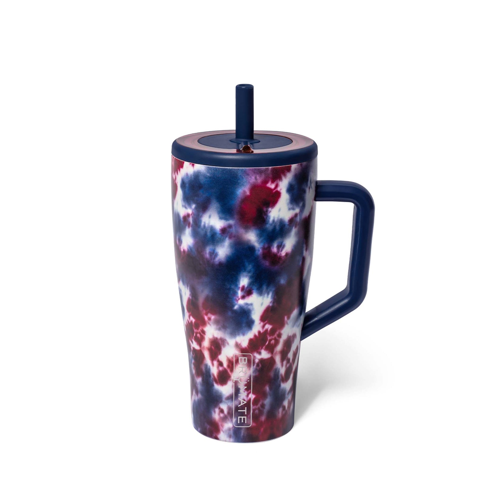 BrüMate Era 30oz tumbler in Starburst print featuring a red, white, and blue tie-dye pattern, navy handle, and built-in straw lid.