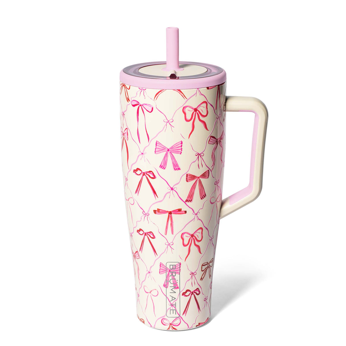 Brümate 40oz Era tumbler in Bow pattern with pink and red bow illustrations, pink lid, and reusable straw.