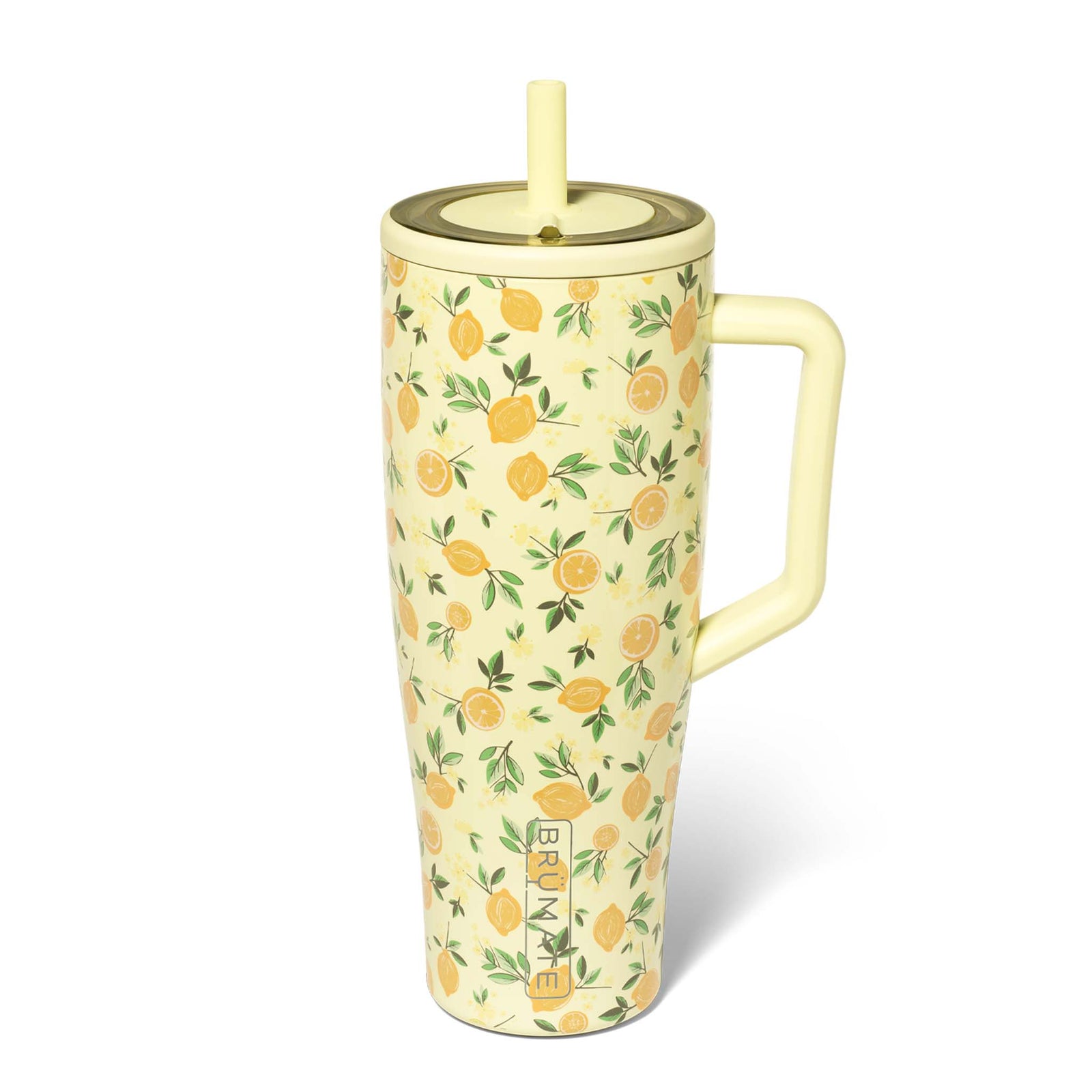BrüMate Era 40oz tumbler in Limoncello lemon print with handle and straw lid, angled side view.