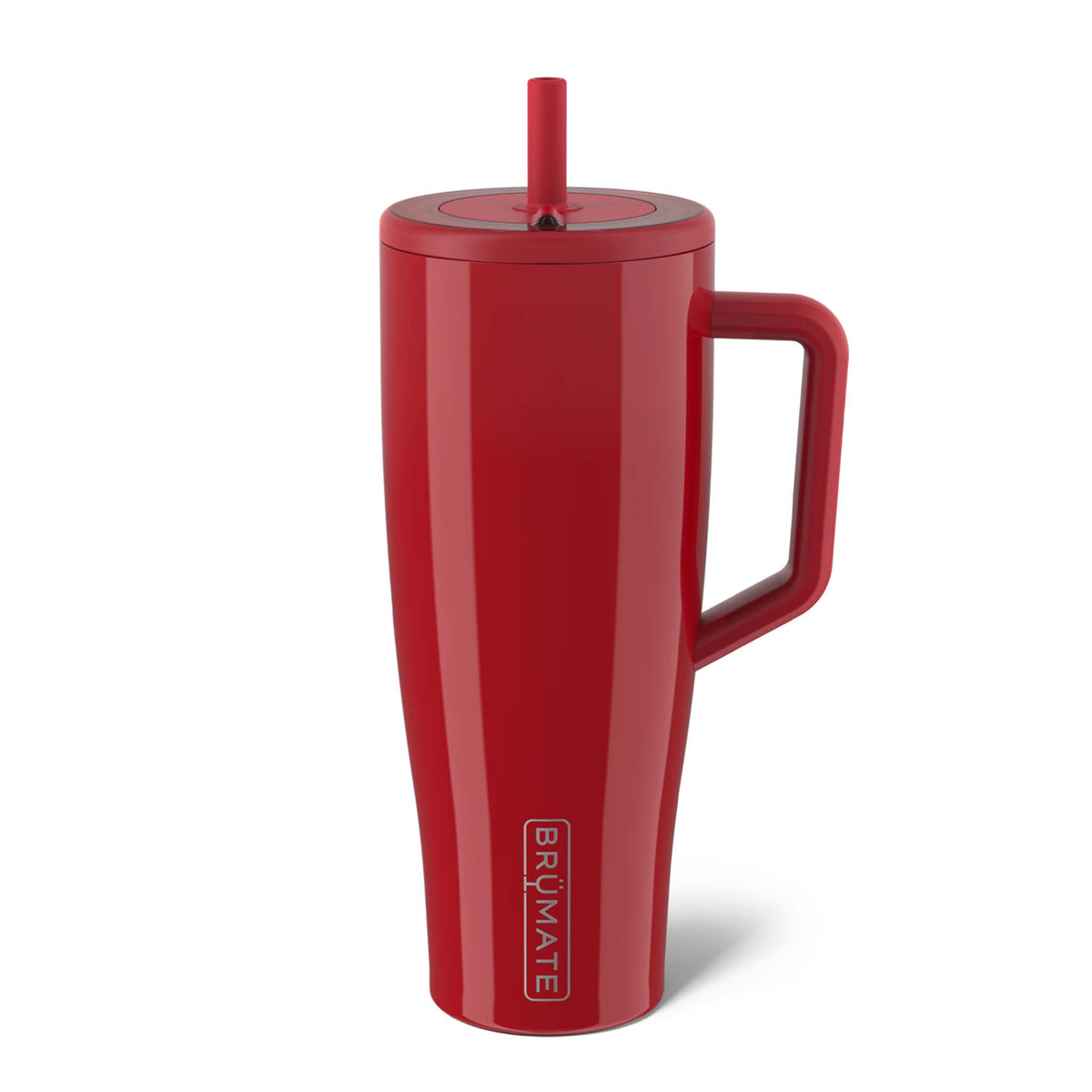 Brümate 40oz Era Tumbler in Maraschino red with handle and straw lid.